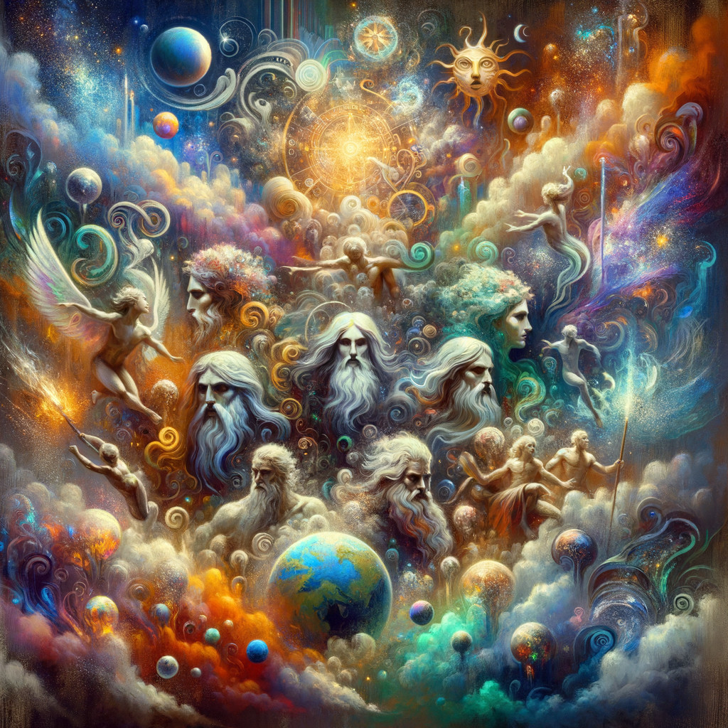 Celestial Fantasy Painting with Floating Faces and Angel