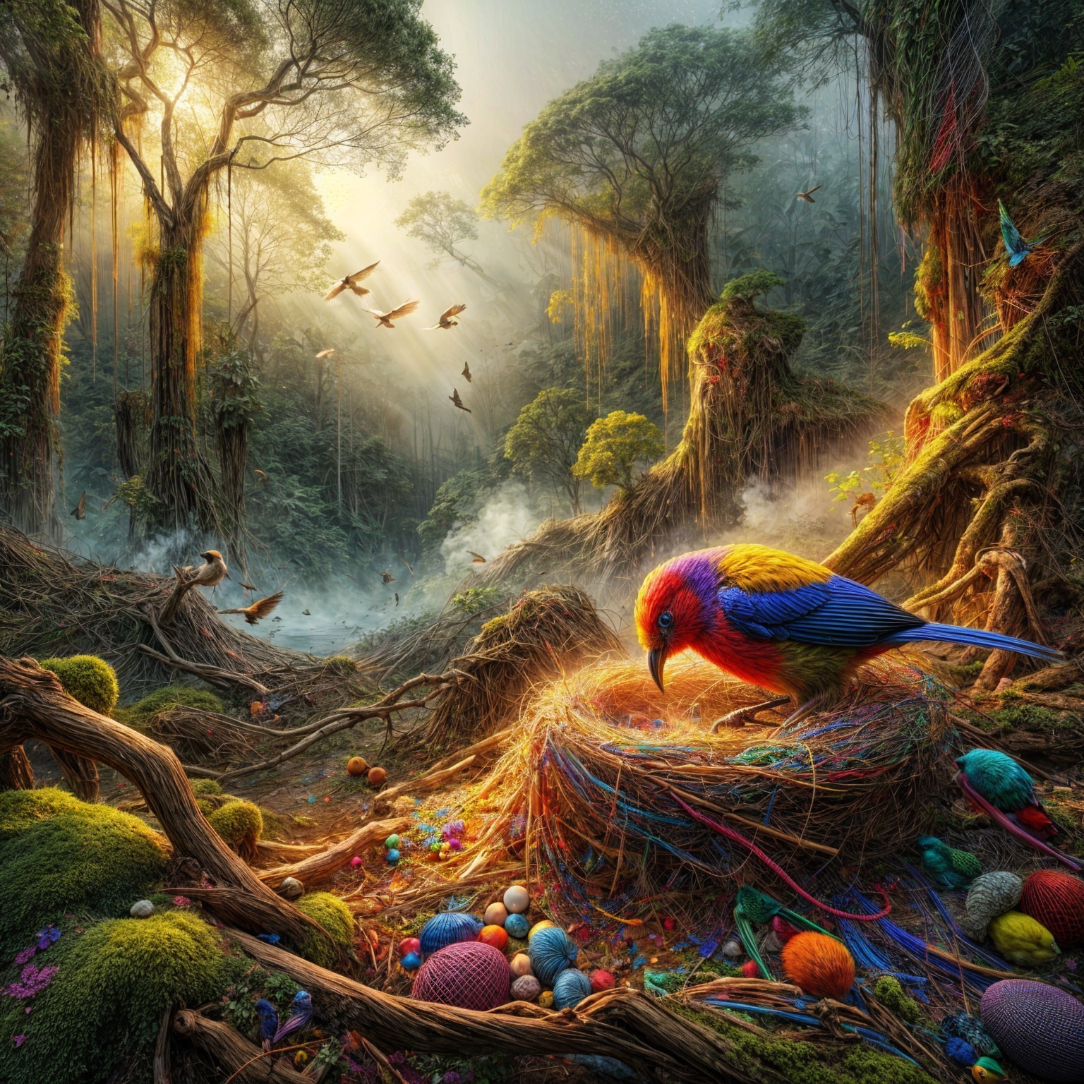 Colorful Bird Nesting in Enchanted Forest Scene