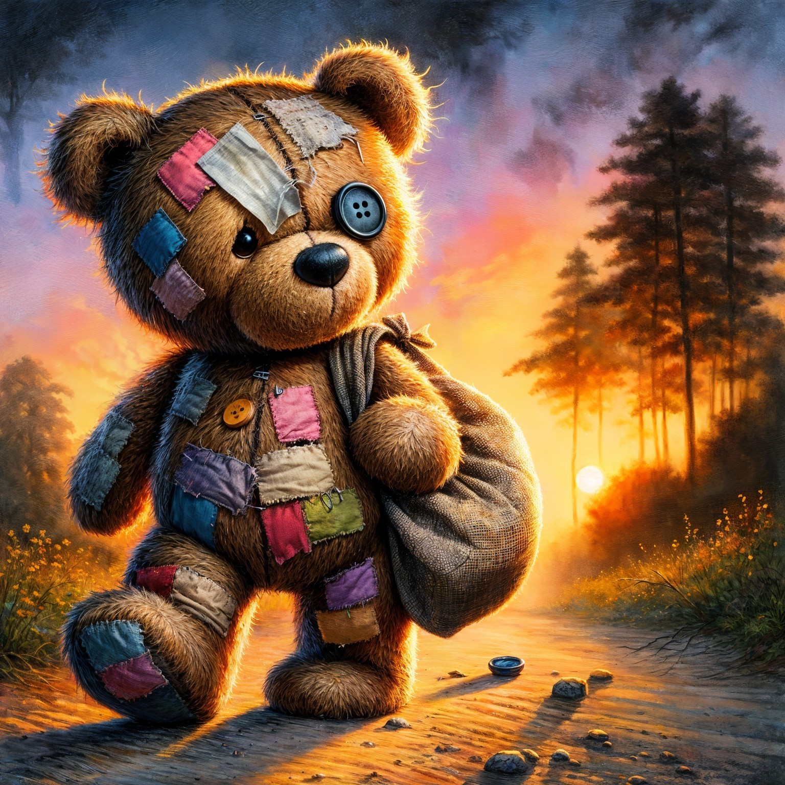 Patchwork Teddy Bear on a Winding Path at Sunset