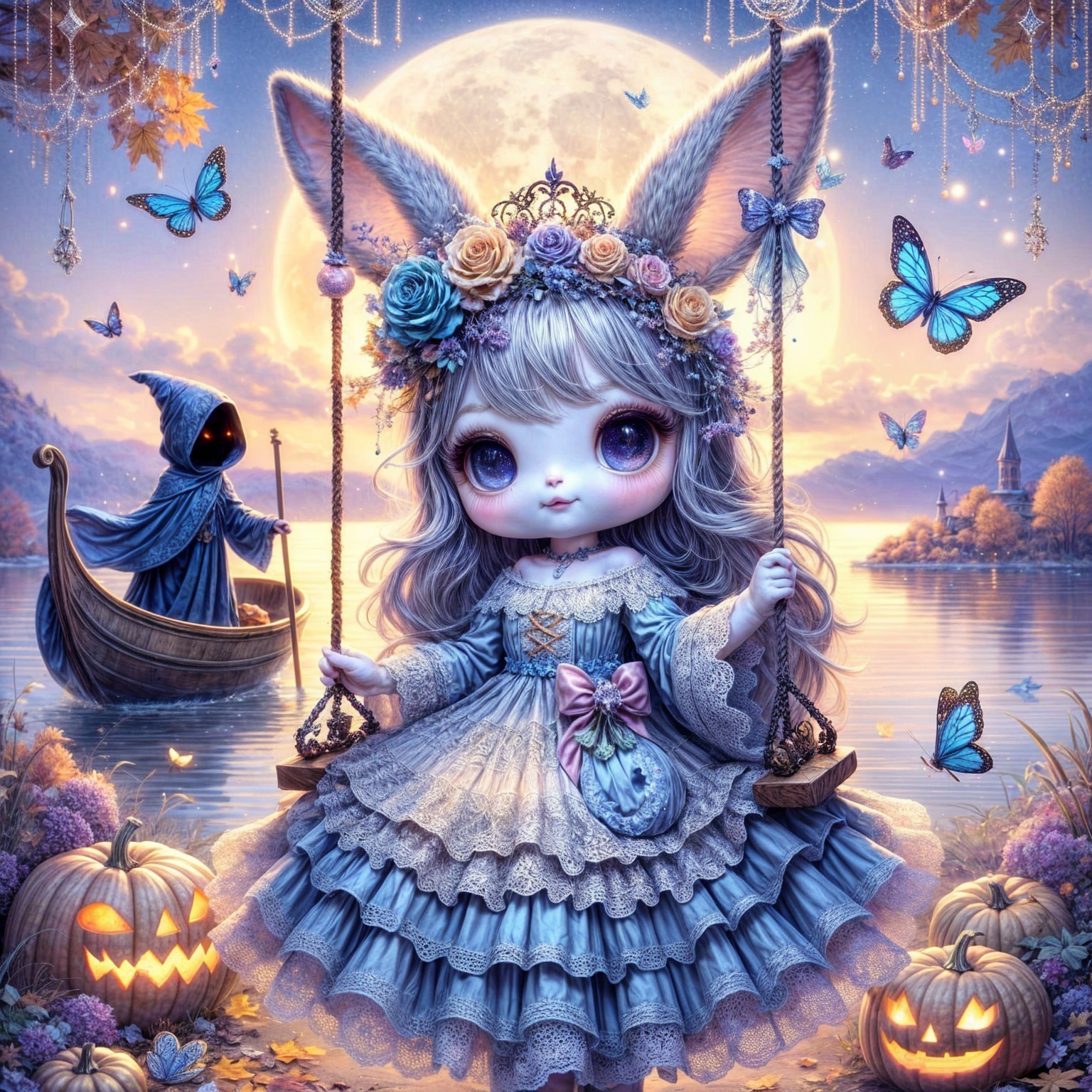 Whimsical Scene with Doll Figure and Moonlit Lake