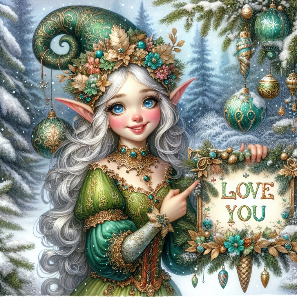 Whimsical Elf in Snowy Forest with Festive Decor