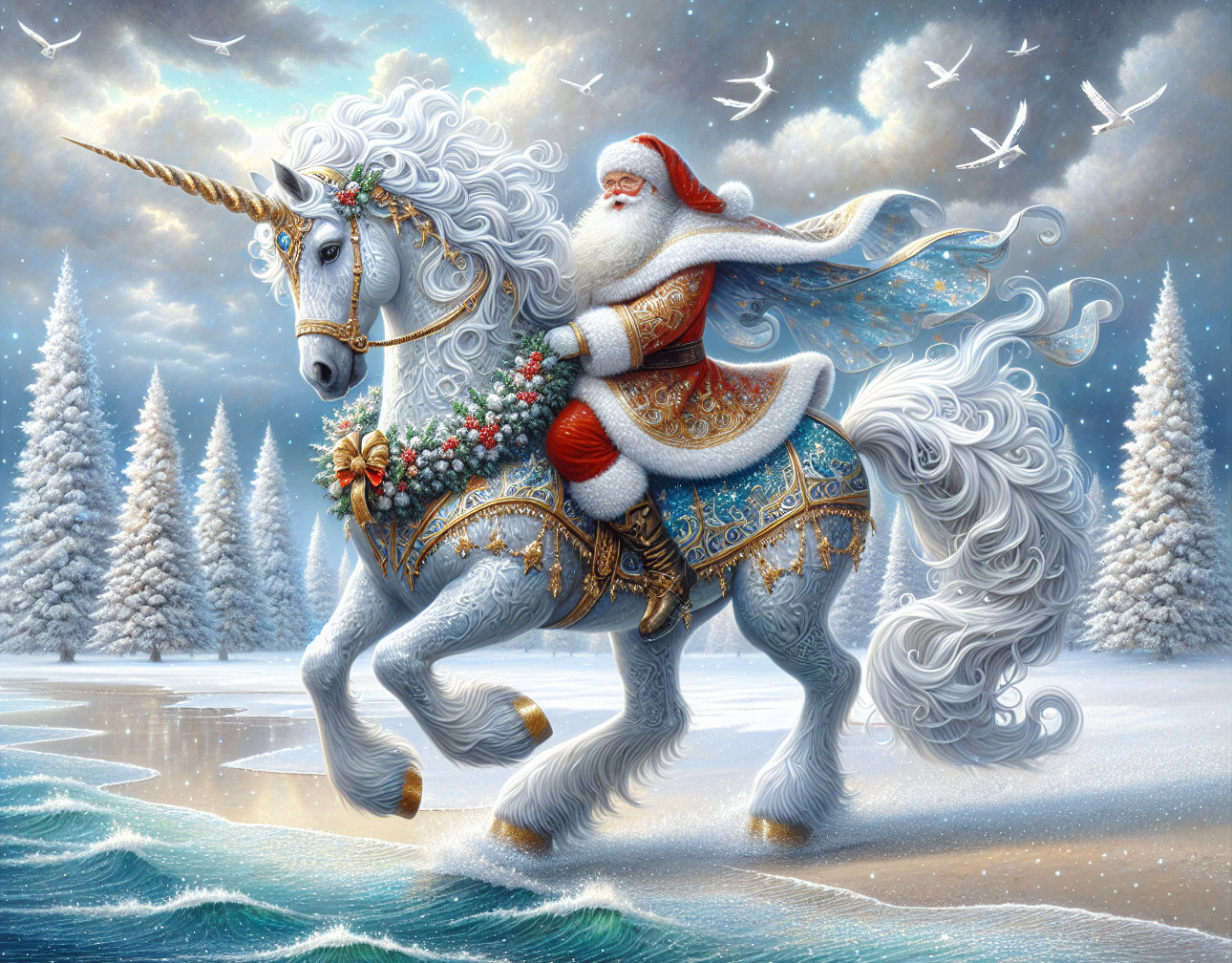 Santa Claus on a White Unicorn in a Snowy Landscape