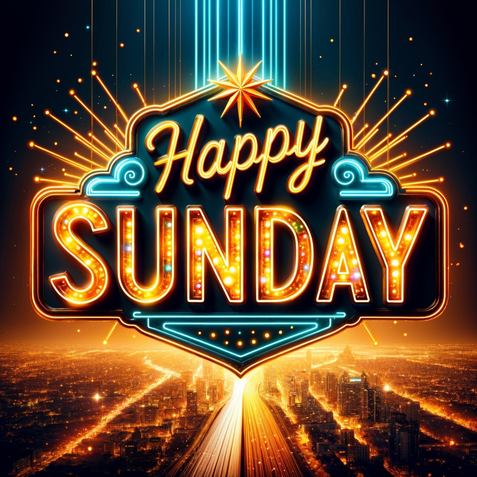 Illuminated "Happy Sunday" Sign Against Night Skyline