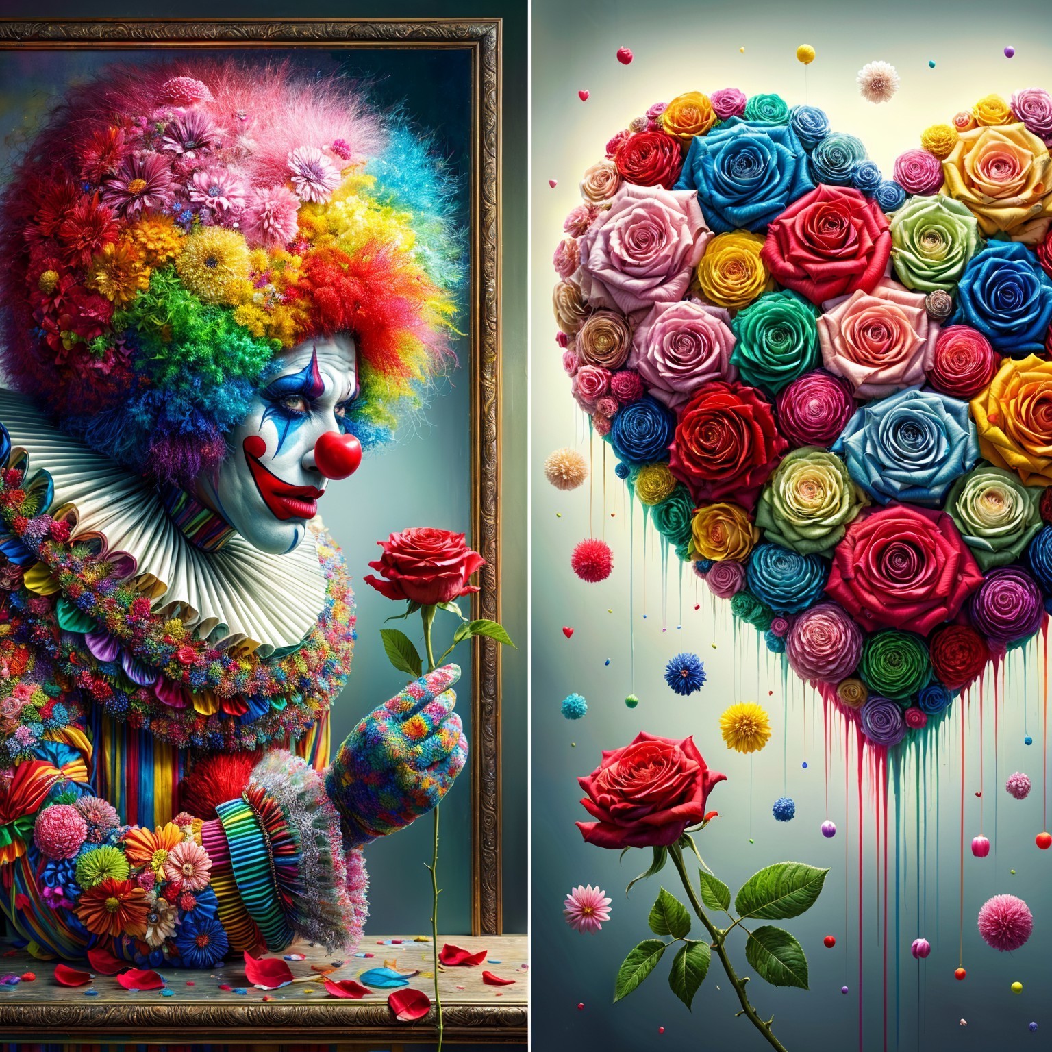 Vibrant Clown with Rose in Ornate Frame and Heart