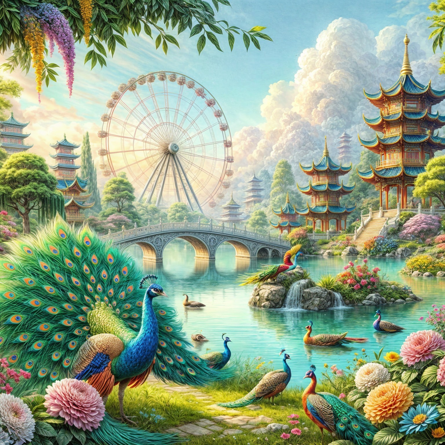 Serene garden with peacocks, lake, and ferris wheel