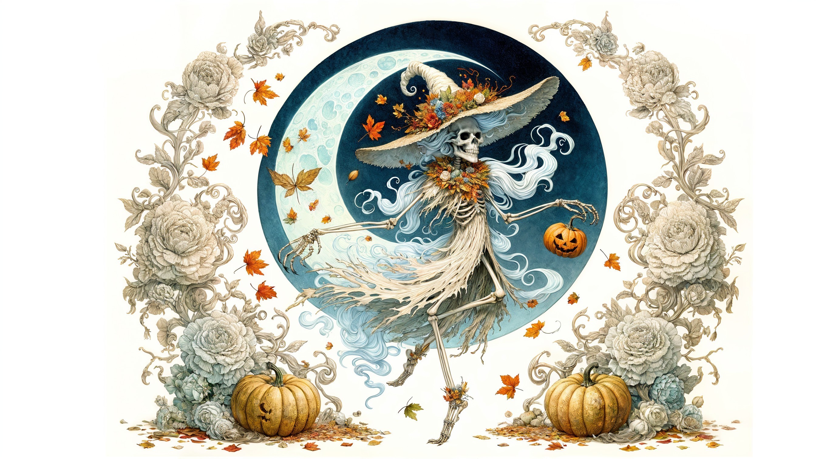 Dancing Skeleton with Pumpkins and Autumn Elements