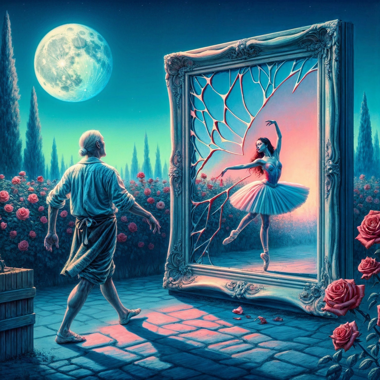 Elderly Man and Ballerina in Dreamlike Garden Scene