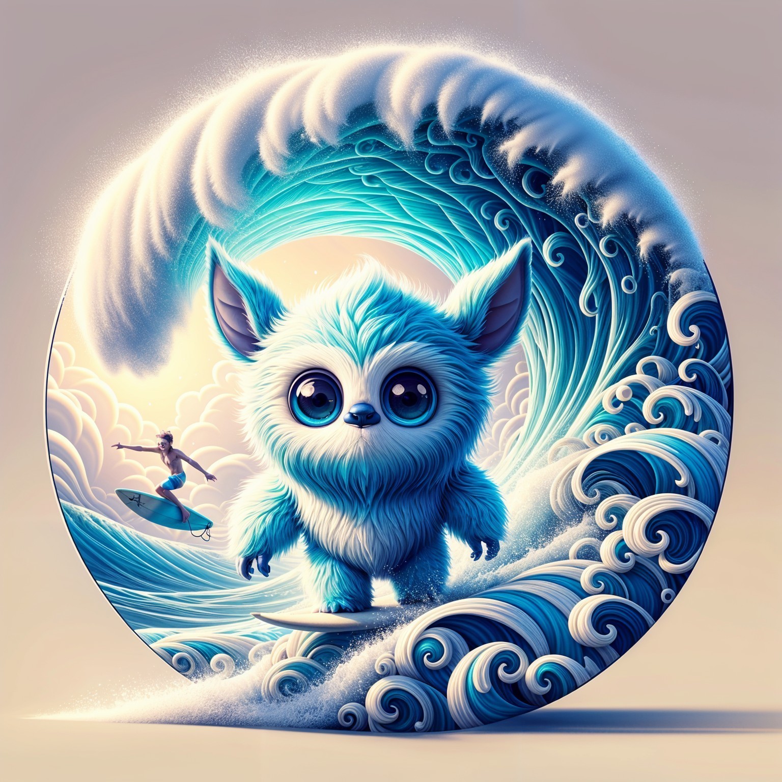 Fluffy Creature Surfing Vibrant Ocean Waves Scene
