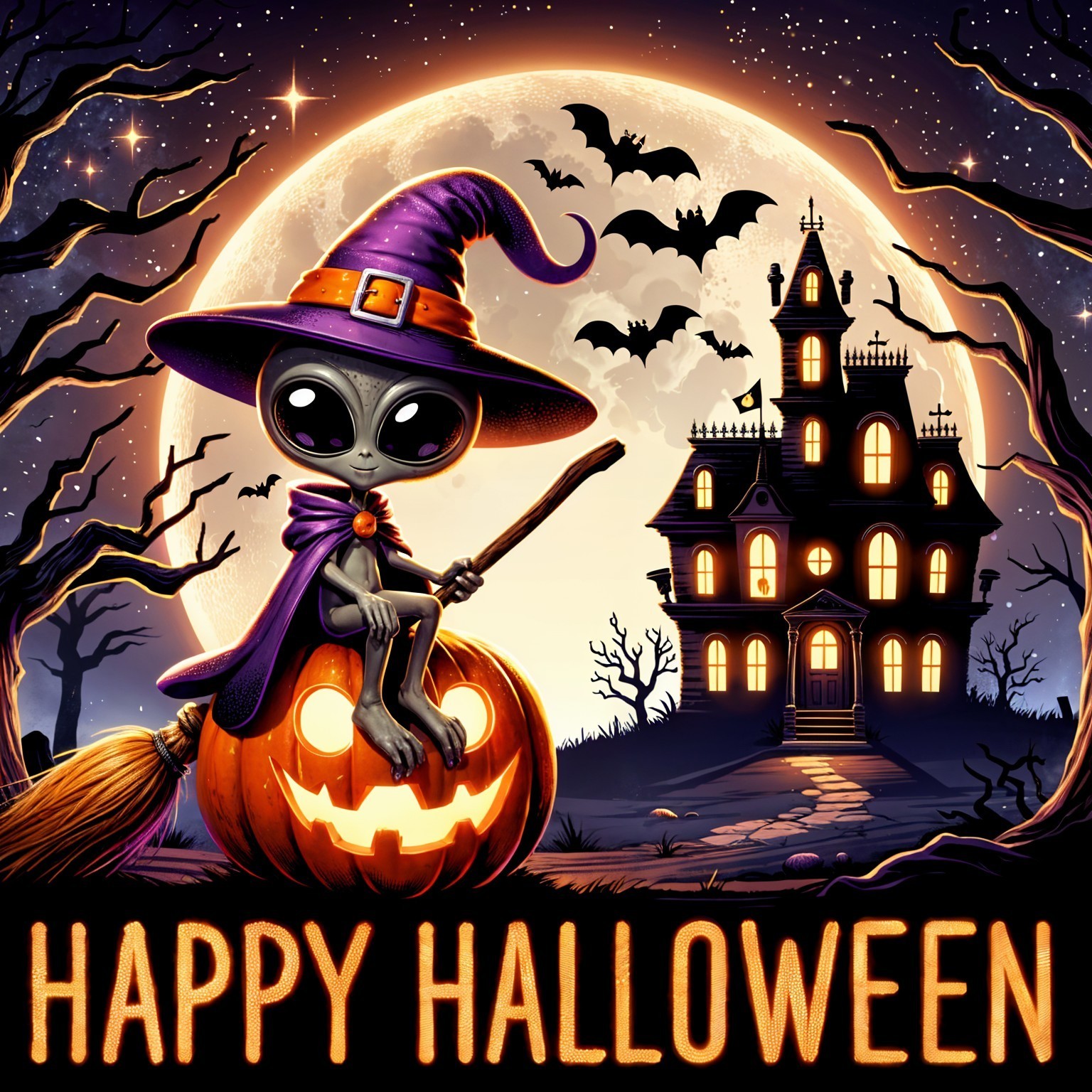 Whimsical Halloween Scene with Alien and Pumpkin