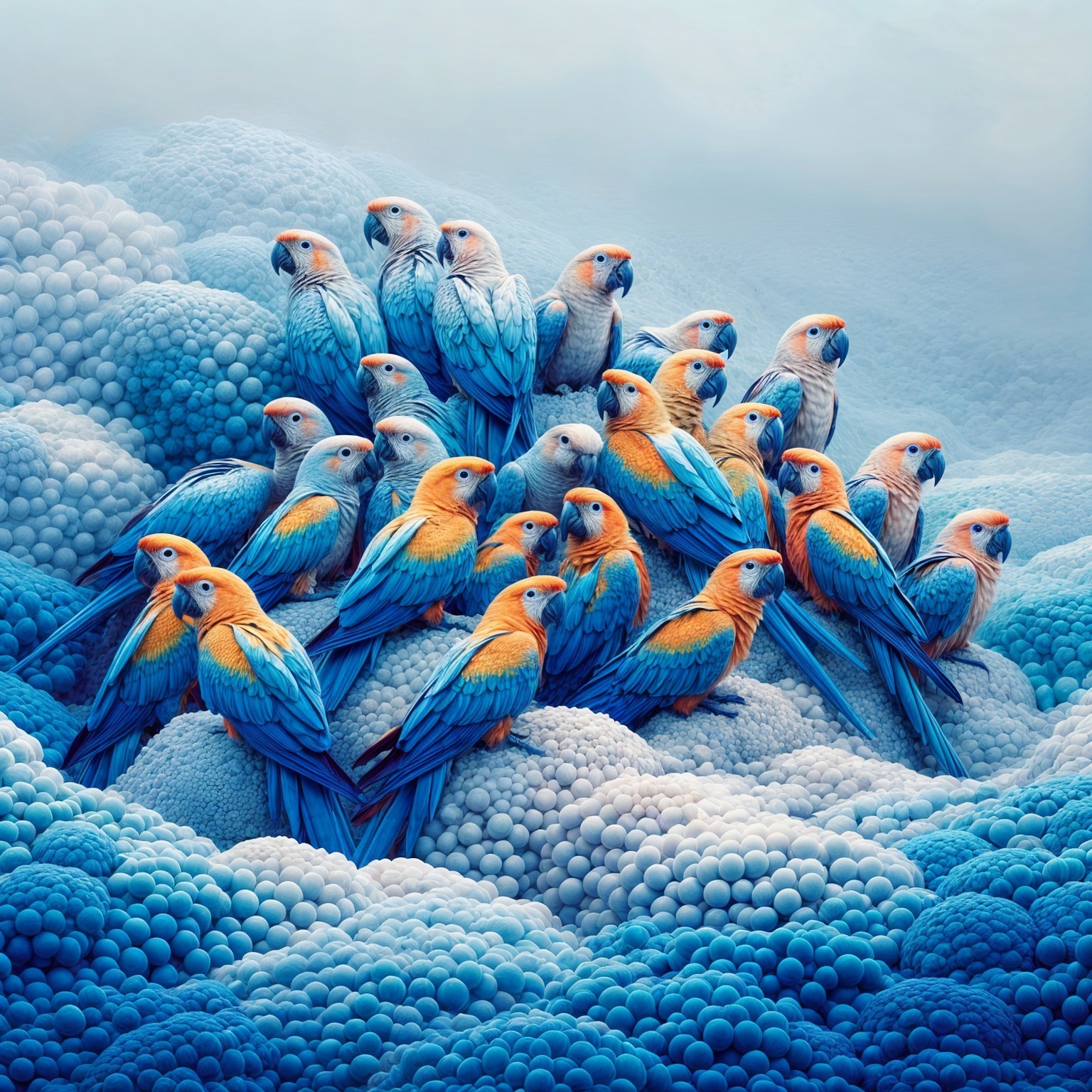 Vibrant Flock of Colorful Birds in Whimsical Scene