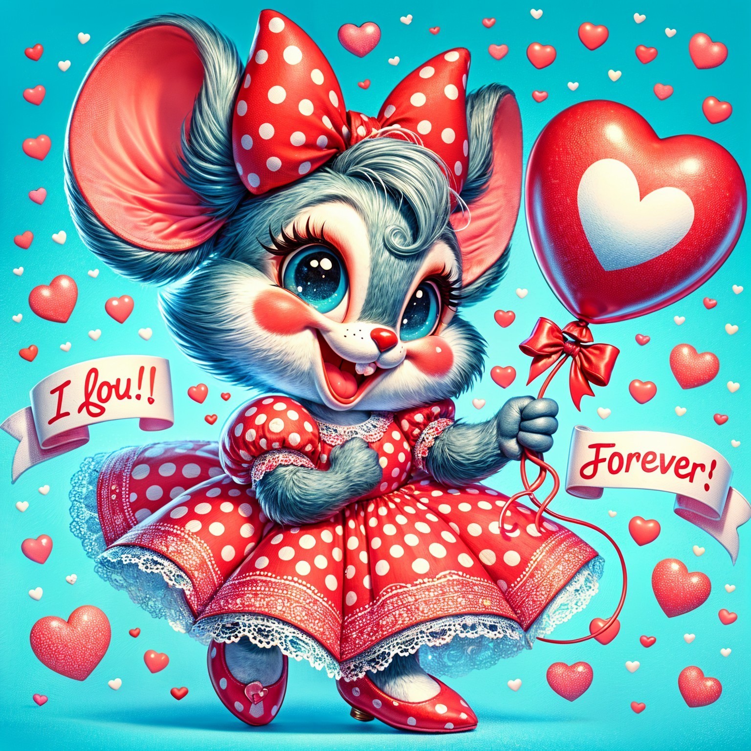 Cartoon Mouse Character with Heart Balloon and Hearts
