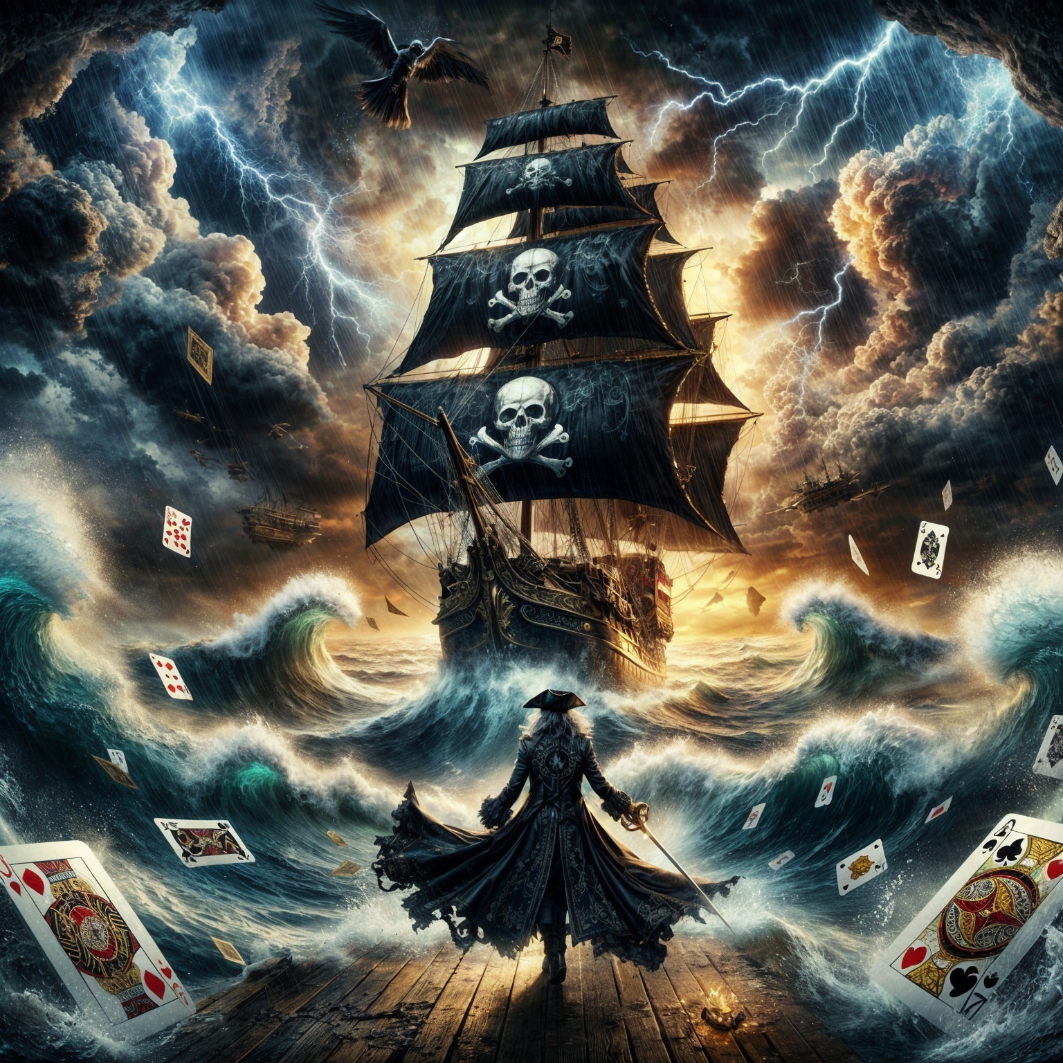 Ghostly Pirate Ship Battling Stormy Waves and Lightning