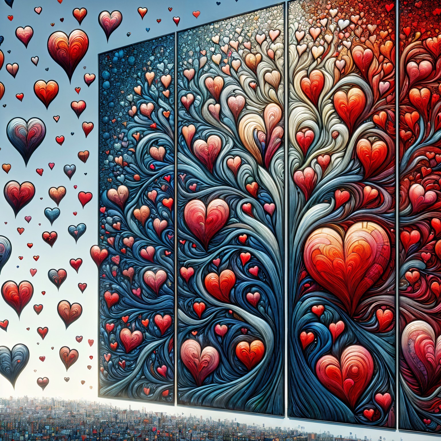 Vibrant Tree with Hearts Against Gradient Sky