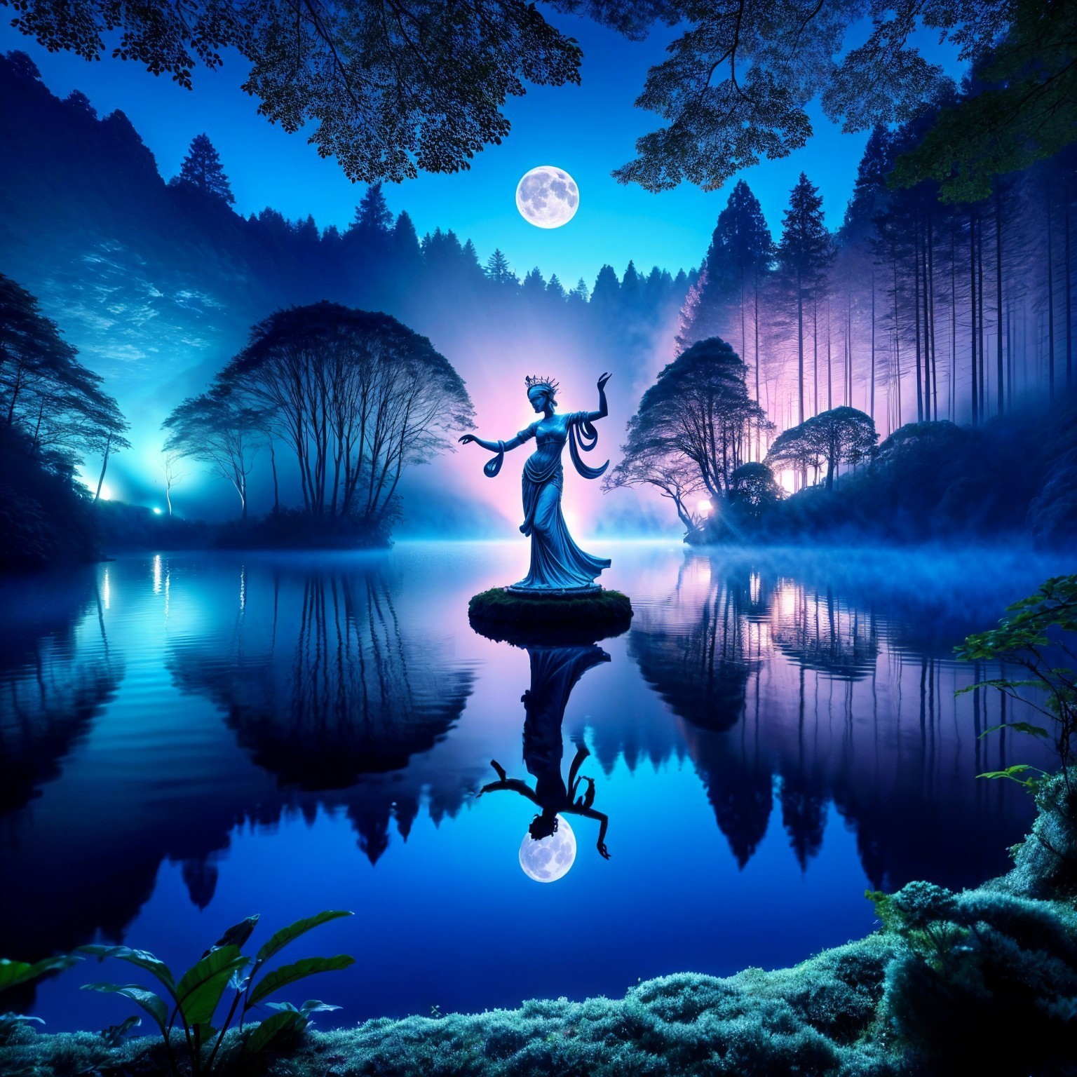 Tranquil Lake Scene with Illuminated Statue and Moonlight