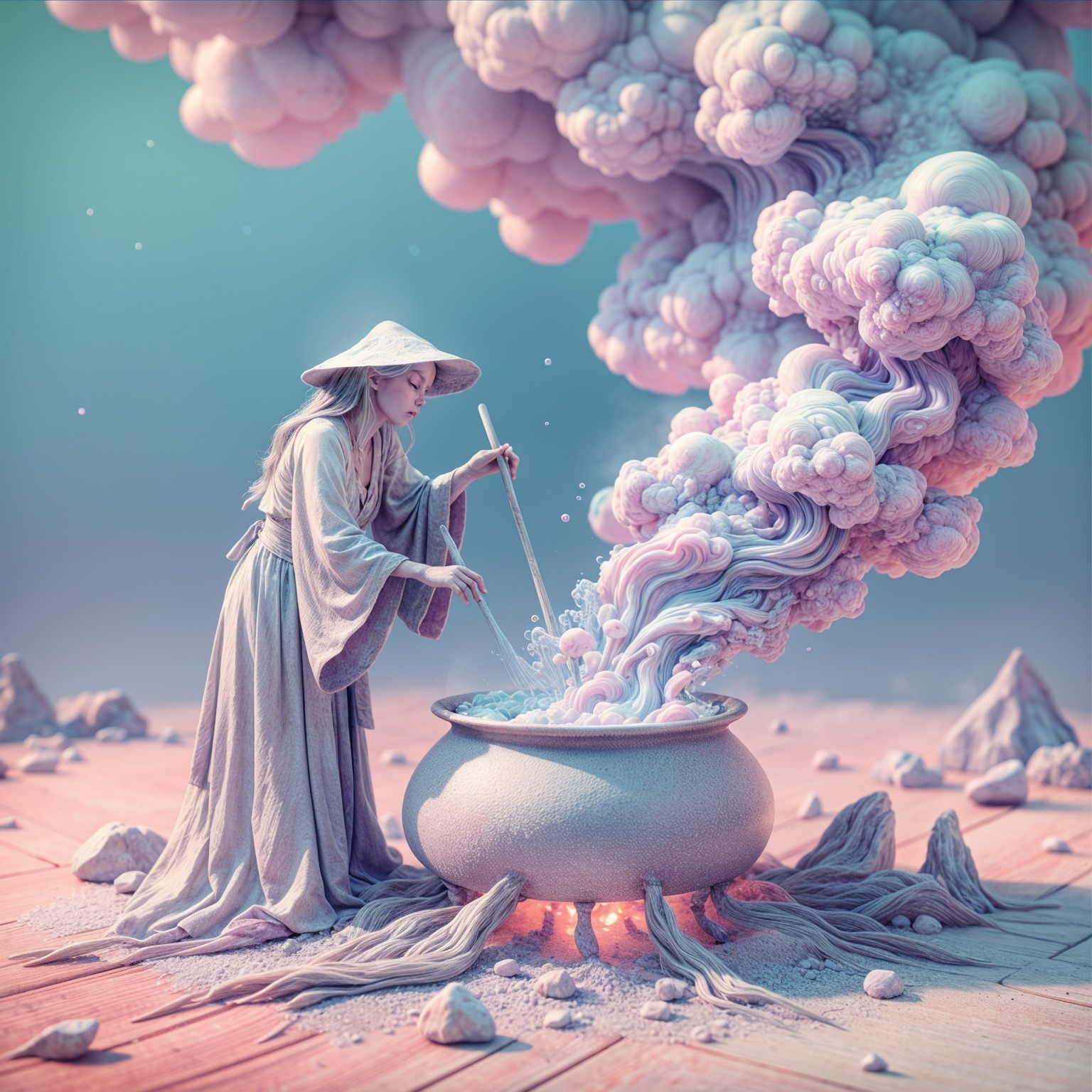 Mystical Figure with Cauldron and Colorful Smoke