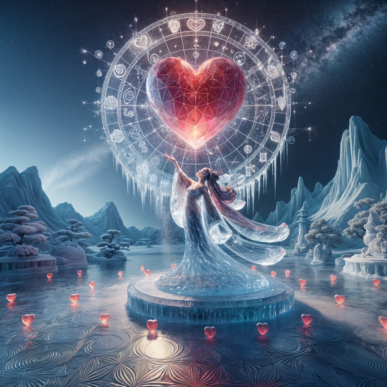 Translucent figure in icy landscape with glowing heart