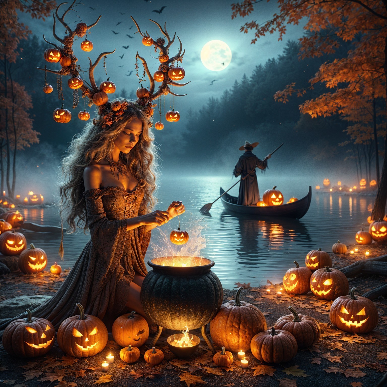 Mystical Witch in Moonlit Forest with Cauldron
