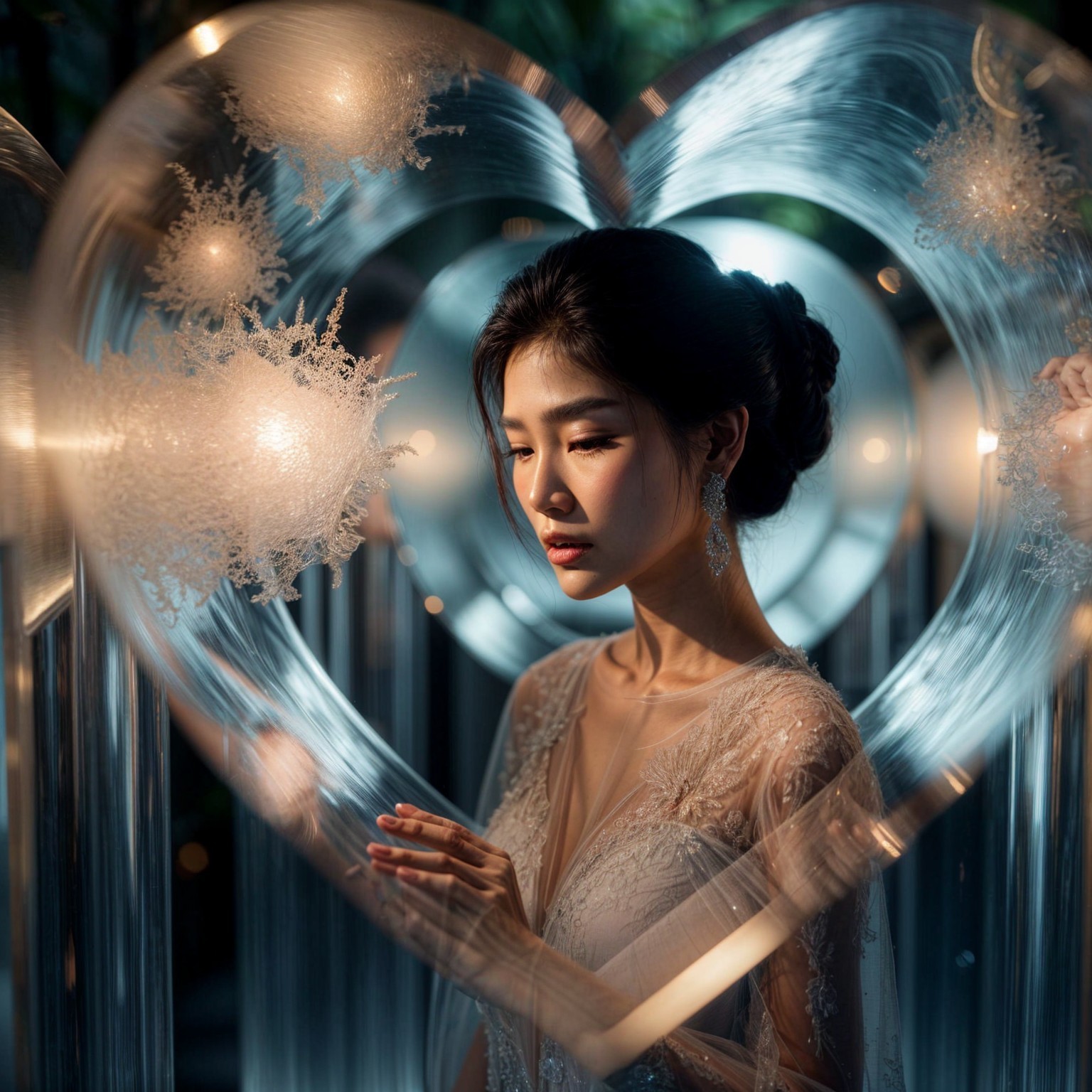 Woman in Elegant Outfit by Heart-Shaped Light Installation