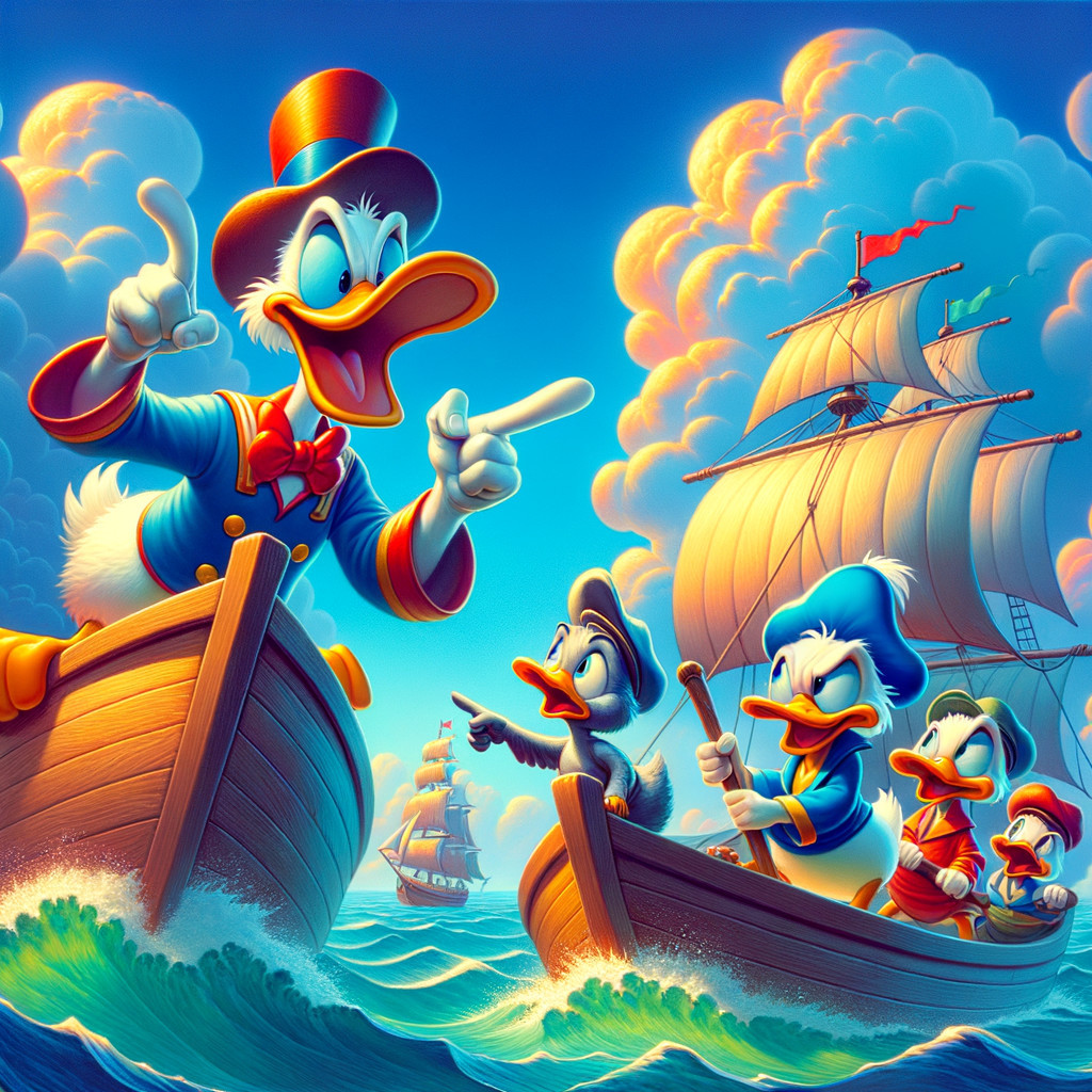 Animated Ducks in Nautical Attire Sailing on Water