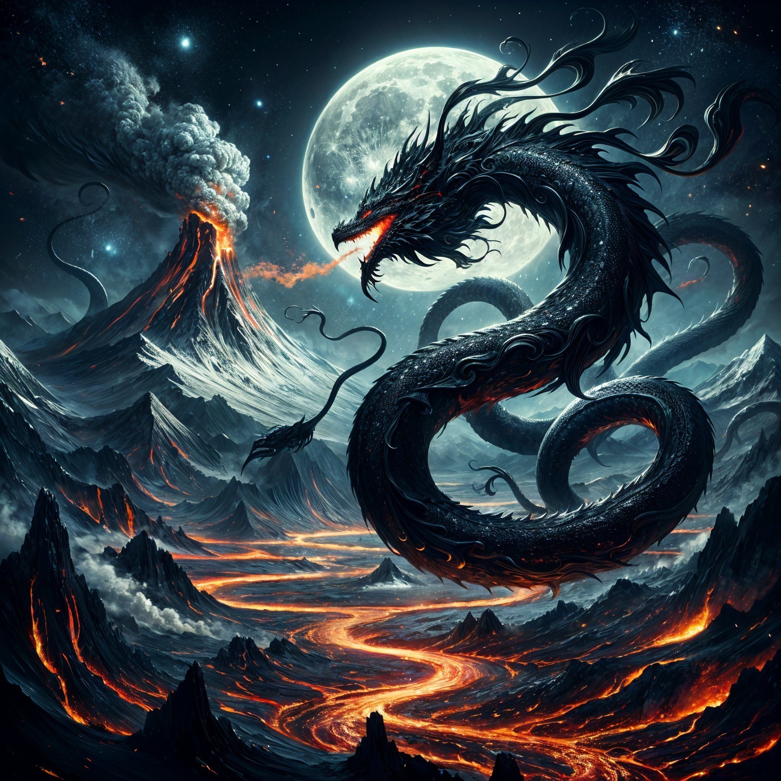 Majestic dragon in a dark volcanic landscape at night