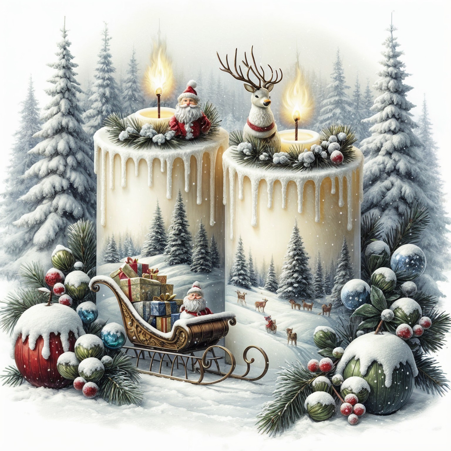 Candles with Holiday Decorations in Winter Landscape