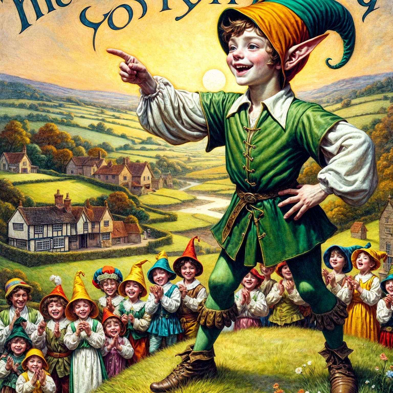 Cheerful elf on hilltop with children in colorful attire