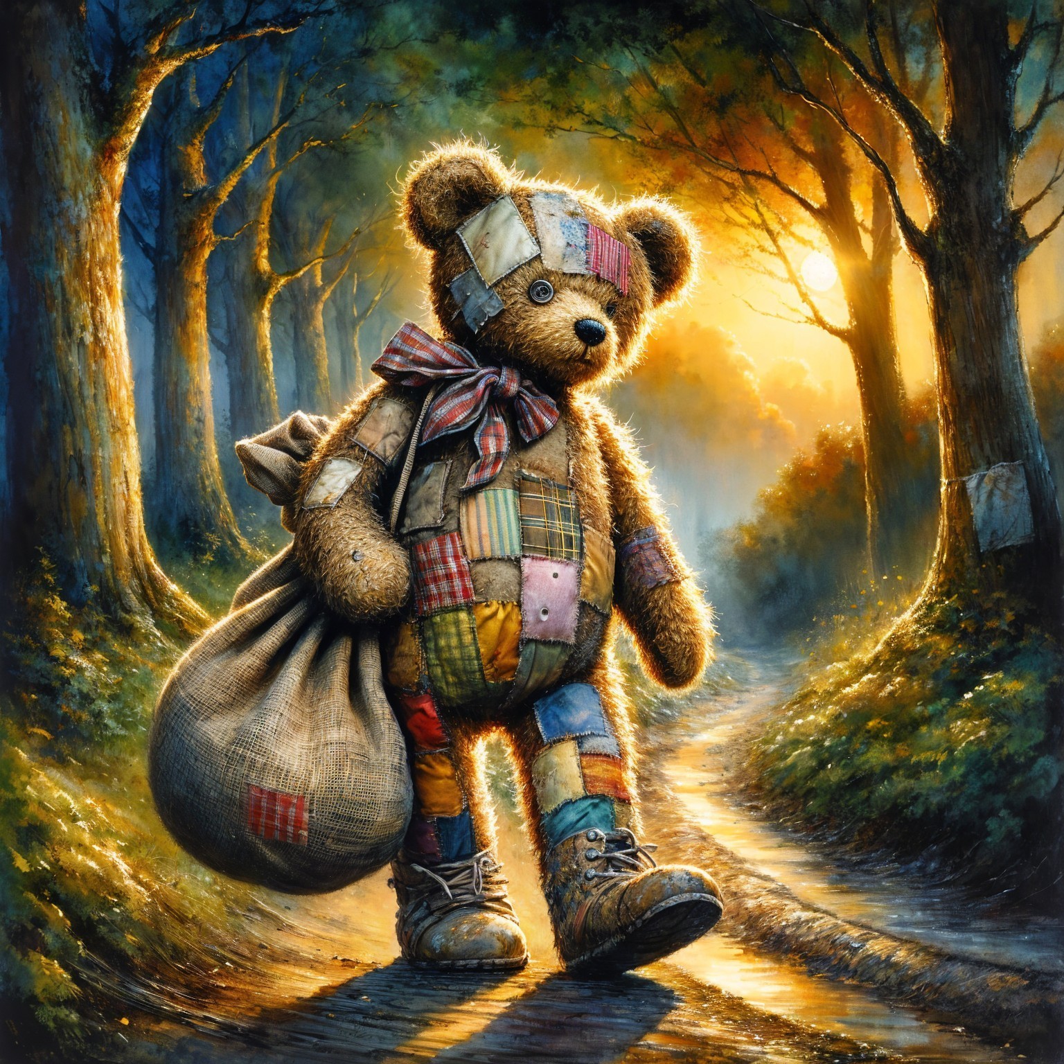 Whimsical Teddy Bear on a Forest Path with Sunlight