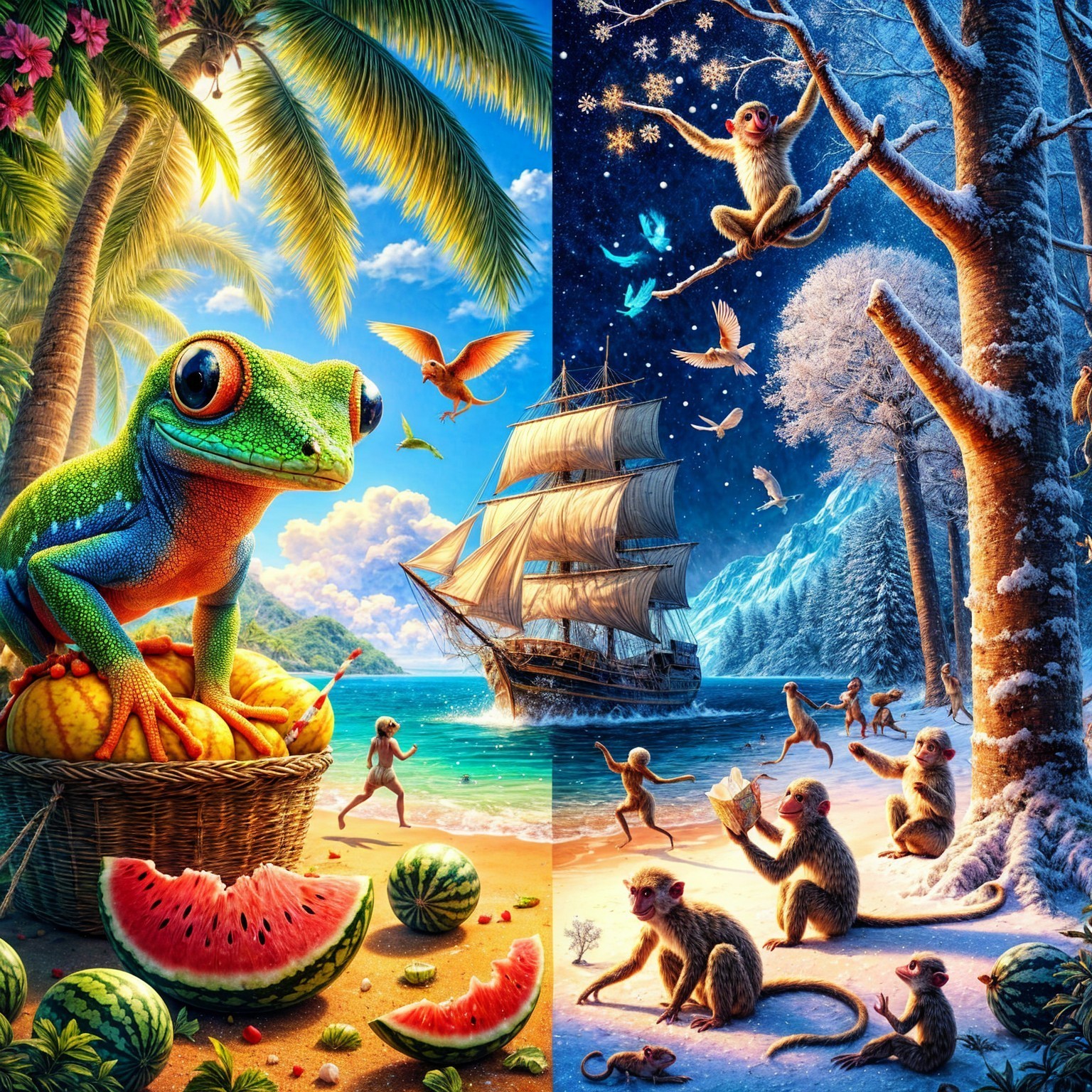 Contrasting Tropical Beach and Snowy Landscape Scenes