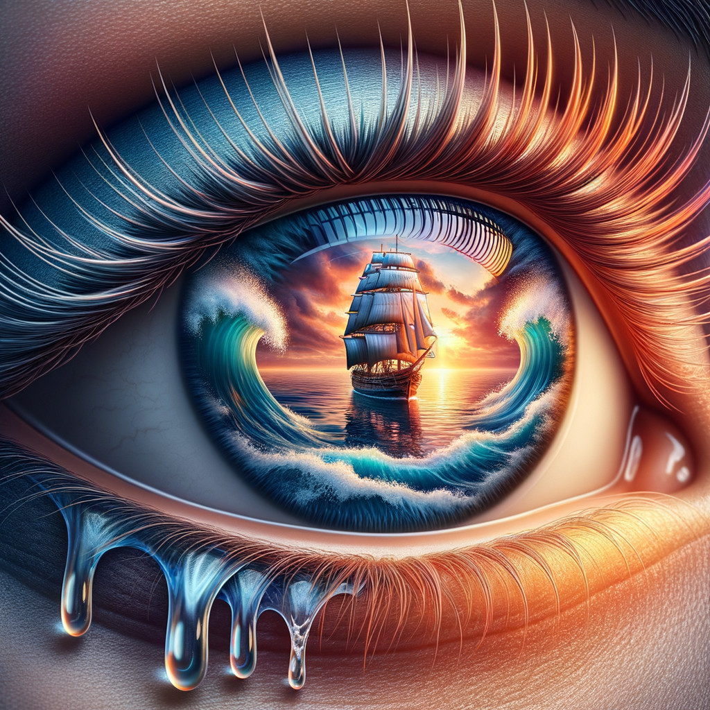Eye Reflecting Vibrant Sea Scene with Ship and Sunset