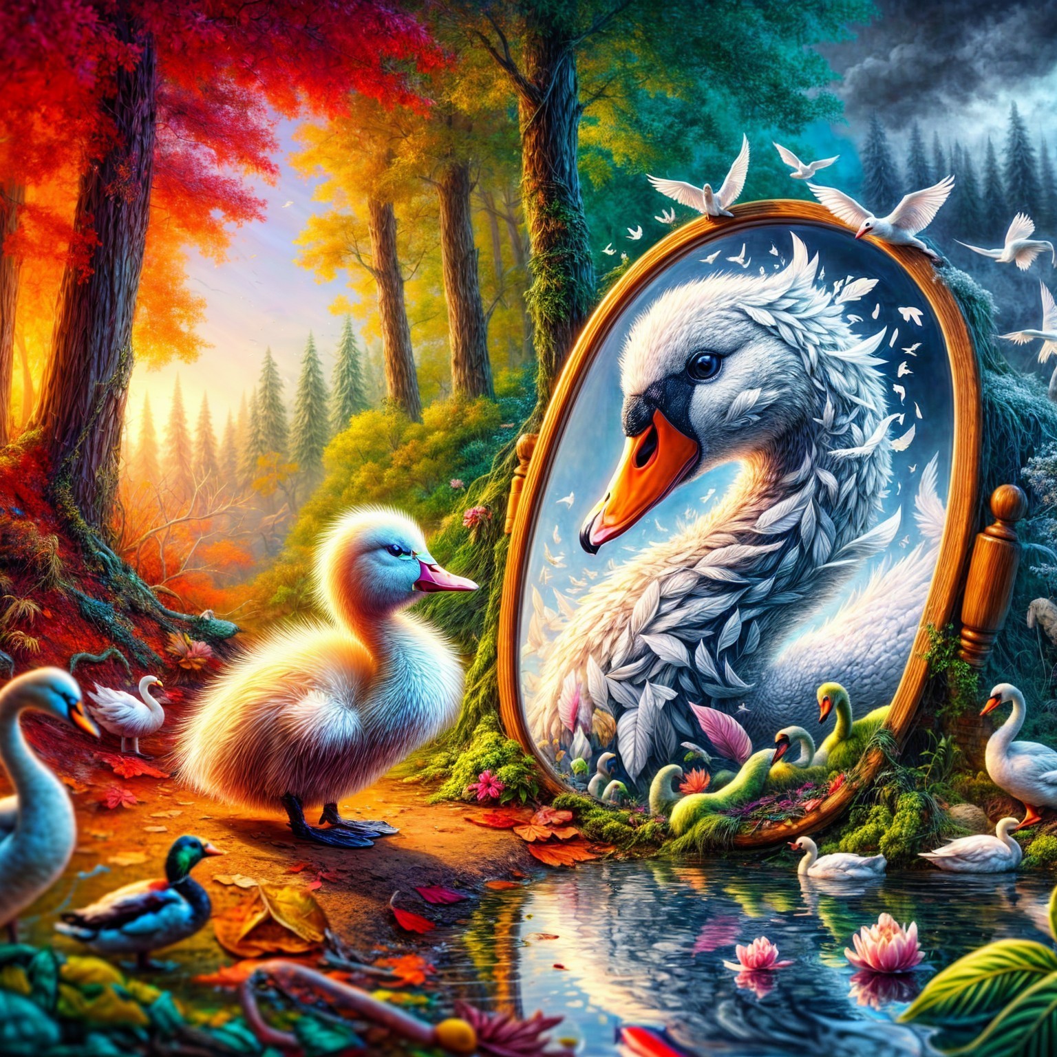 Duckling Reflects on Swan in Enchanted Forest Scene