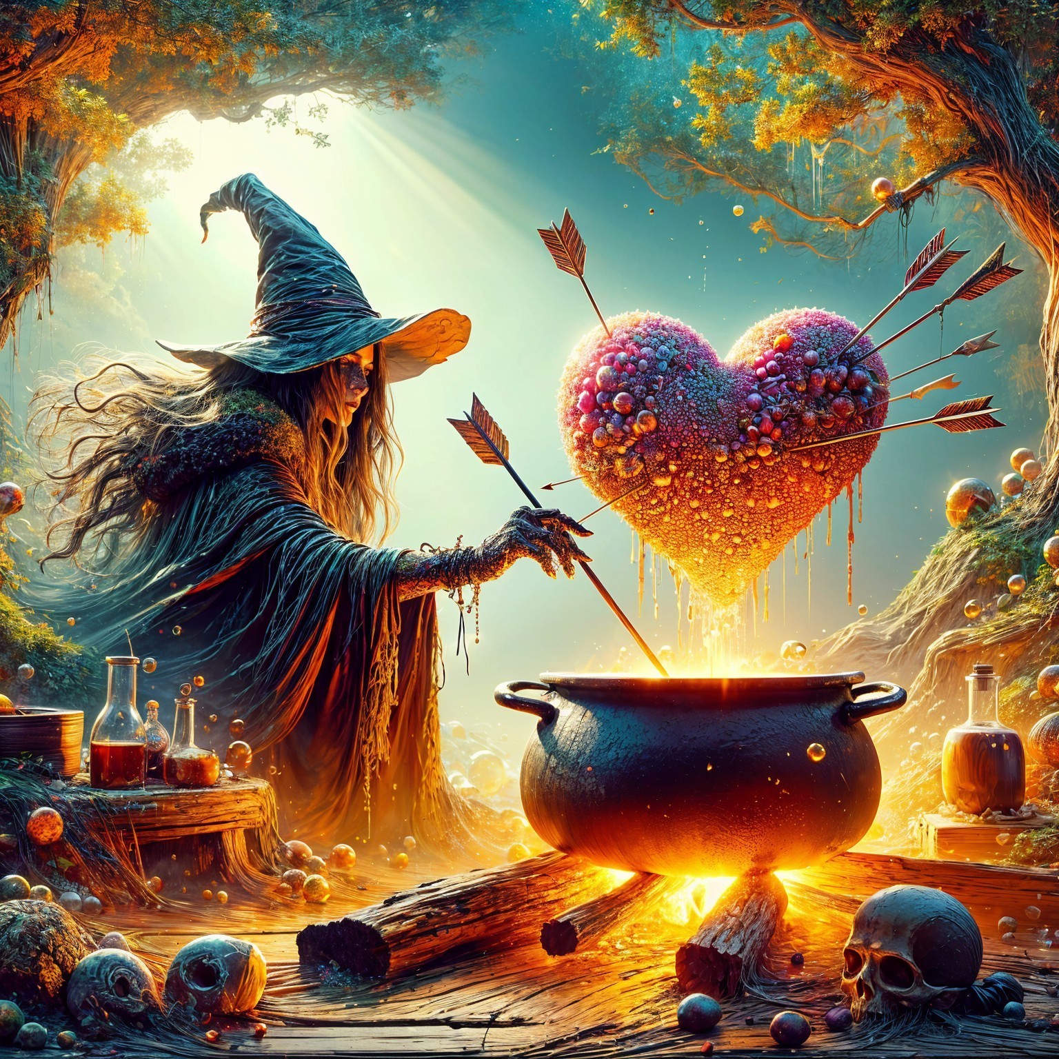 Mystical forest scene with witch and enchanted cauldron