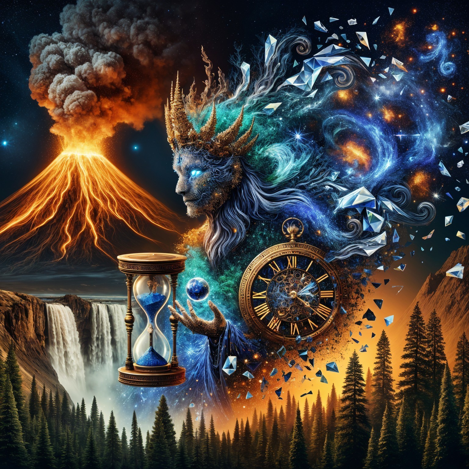 Mystical Figure with Nature and Time Elements