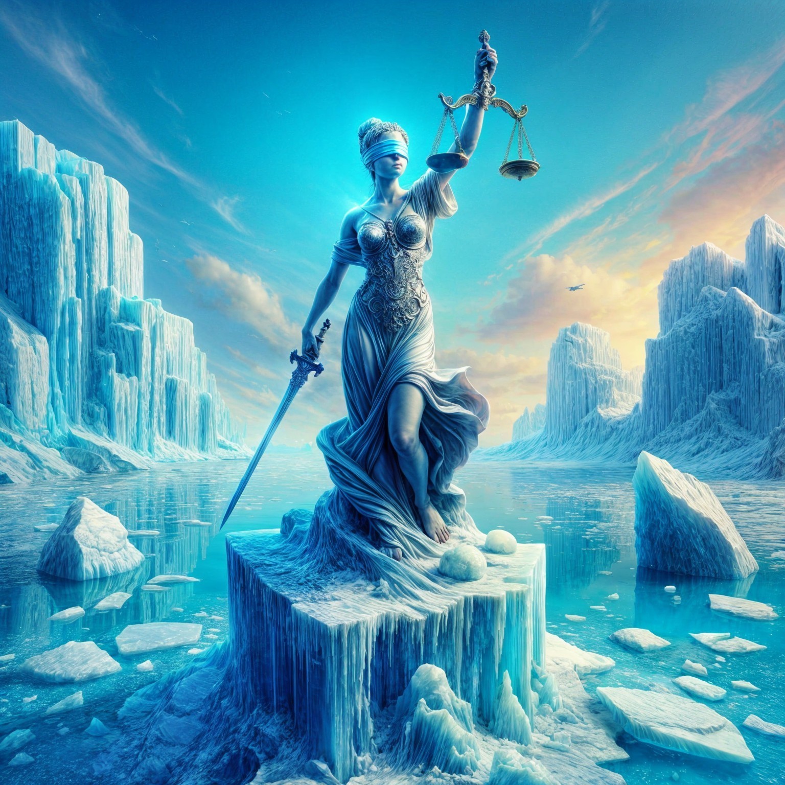 Ice Sculpture of Blindfolded Goddess on Glacial Pedestal