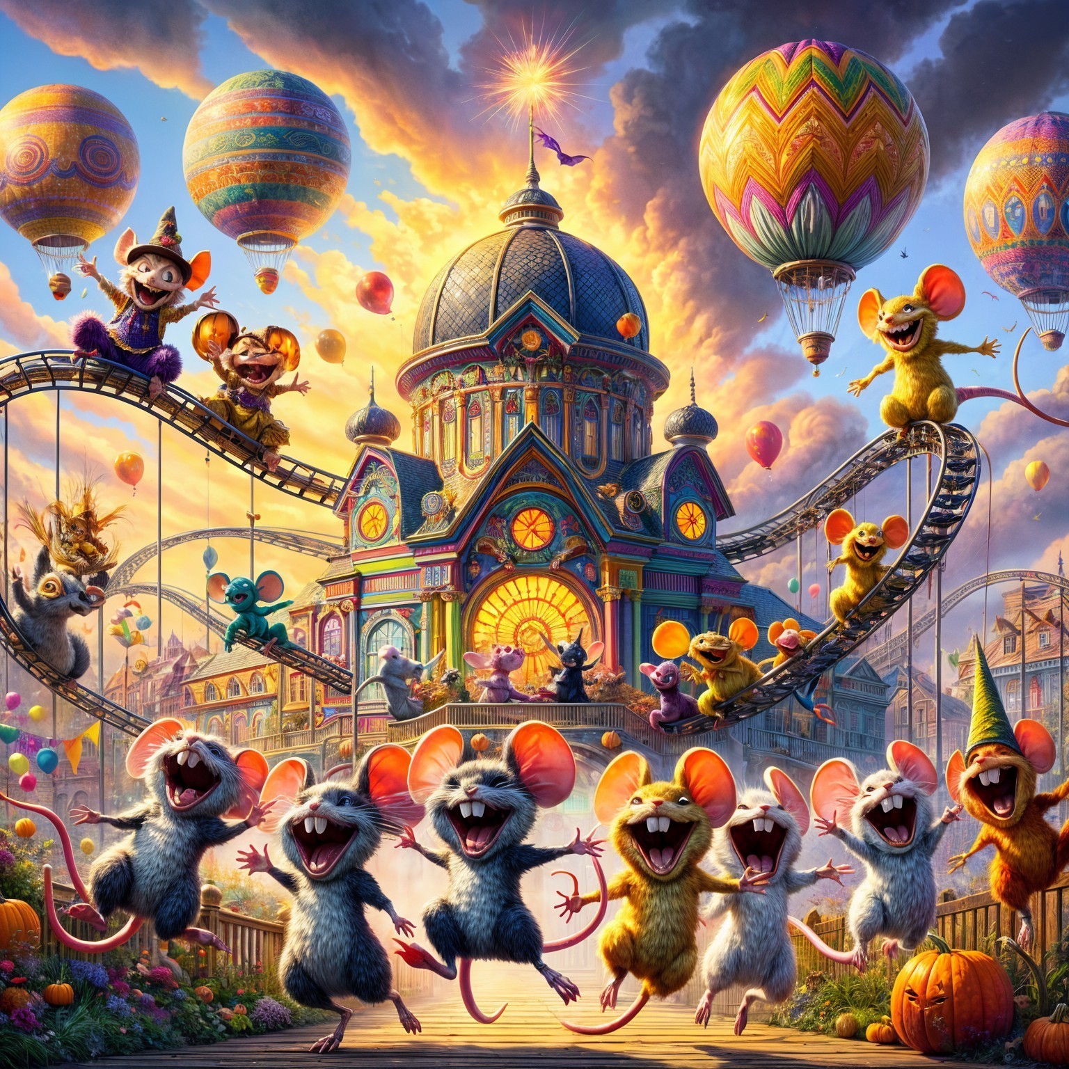 Cheerful Cartoon Mice in Vibrant Amusement Park Scene