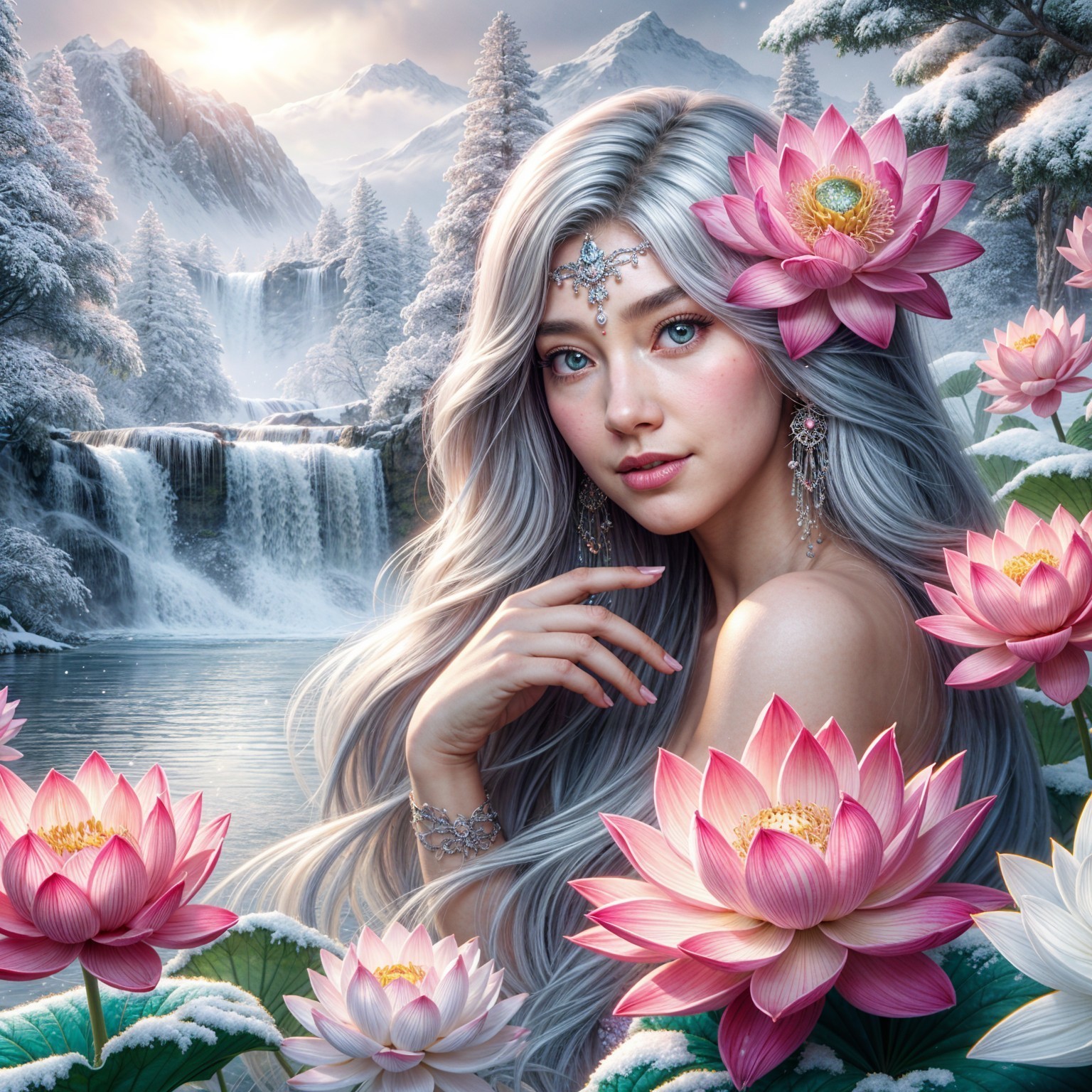Young woman with silver hair amid lotus flowers and mountains