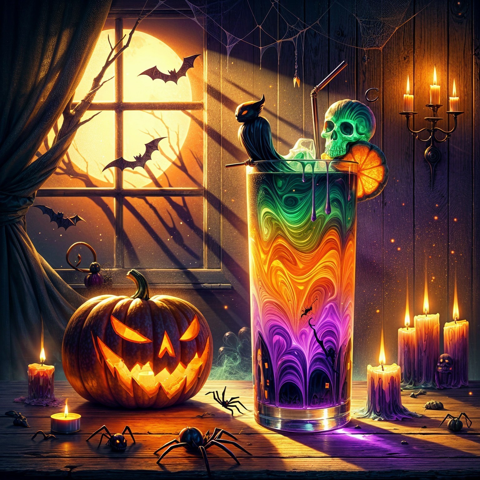 Halloween Cocktail with Colorful Hues and Spooky Decor