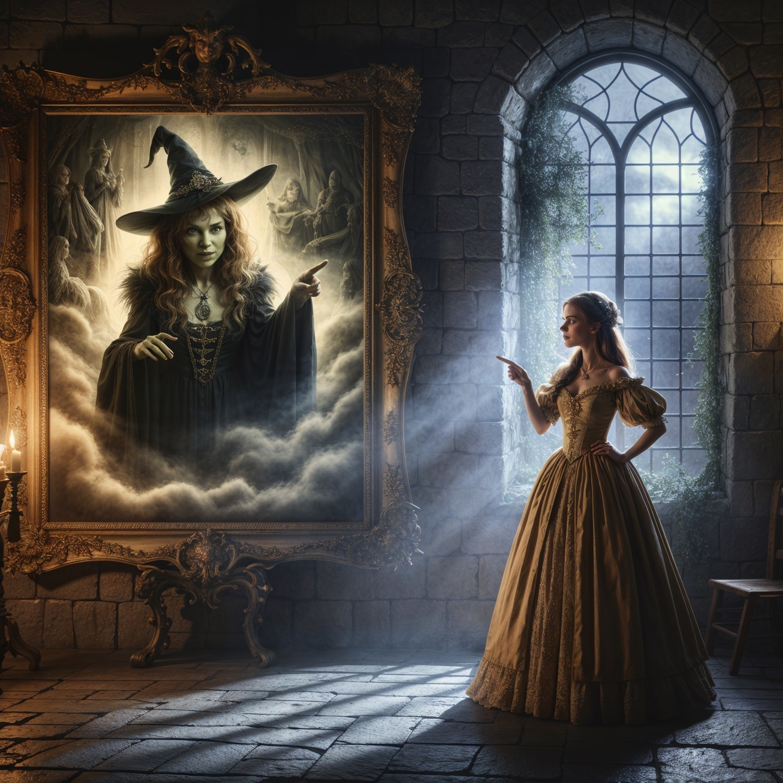 Young Woman in Golden Gown in Mystical Chamber