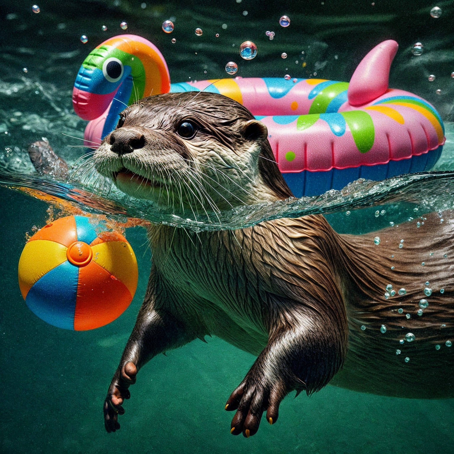 Otter Swimming with Beach Ball and Pool Float
