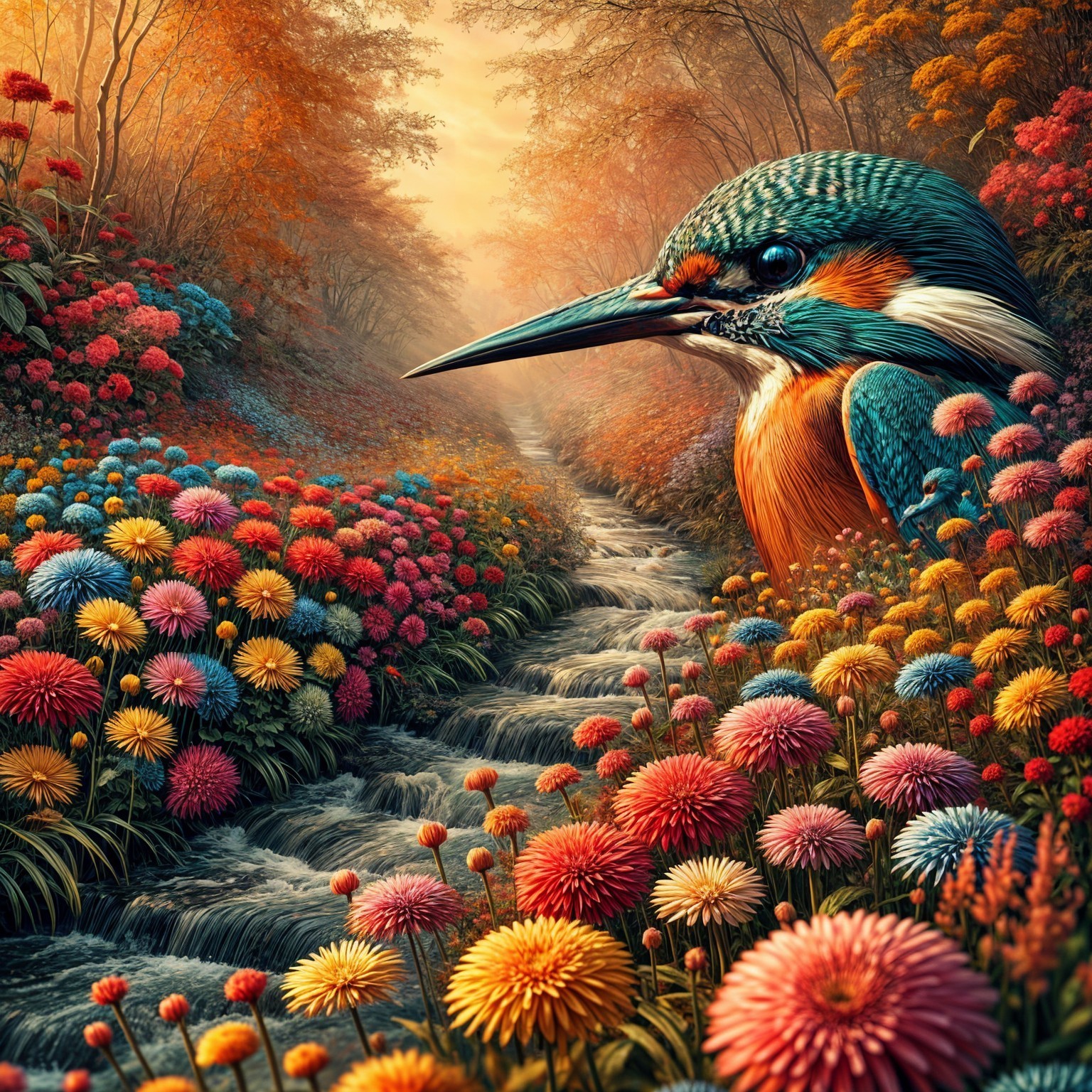 Colorful Kingfisher in a Lush Floral Landscape