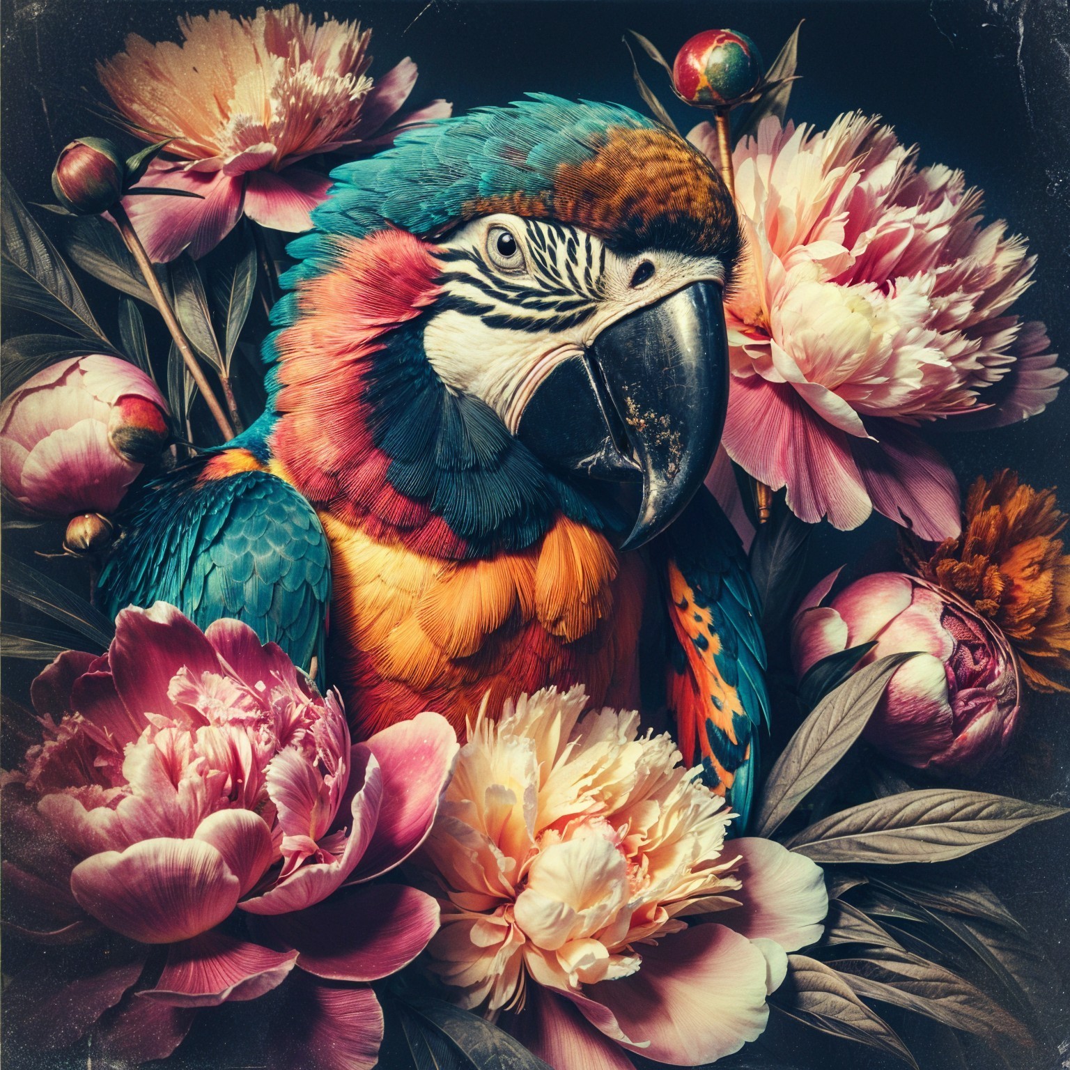 Macaw Among Blooming Peonies in Vibrant Colors