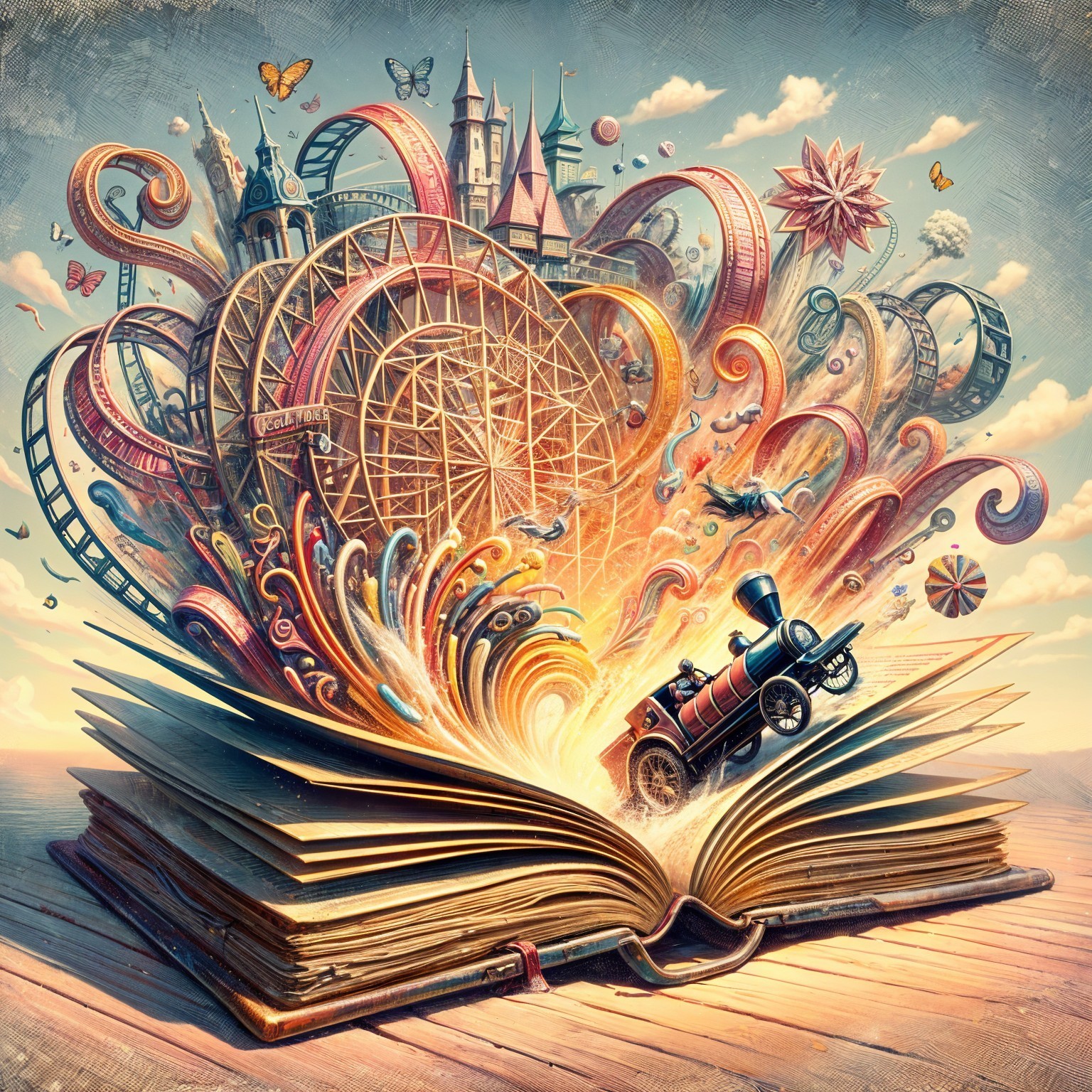Vibrant Open Book with Whimsical Imagery and Colors