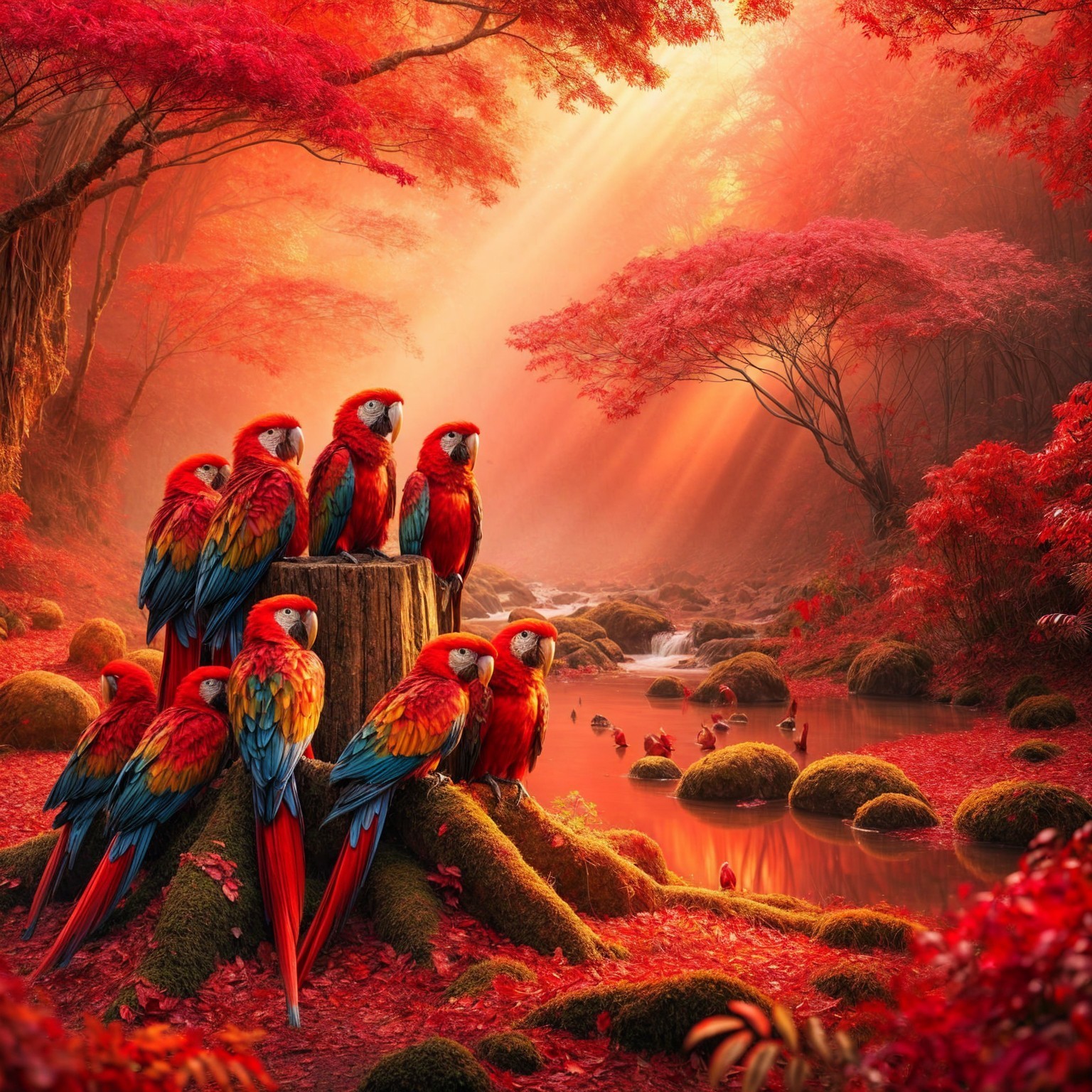 Colorful Macaws in a Lush Forest Setting