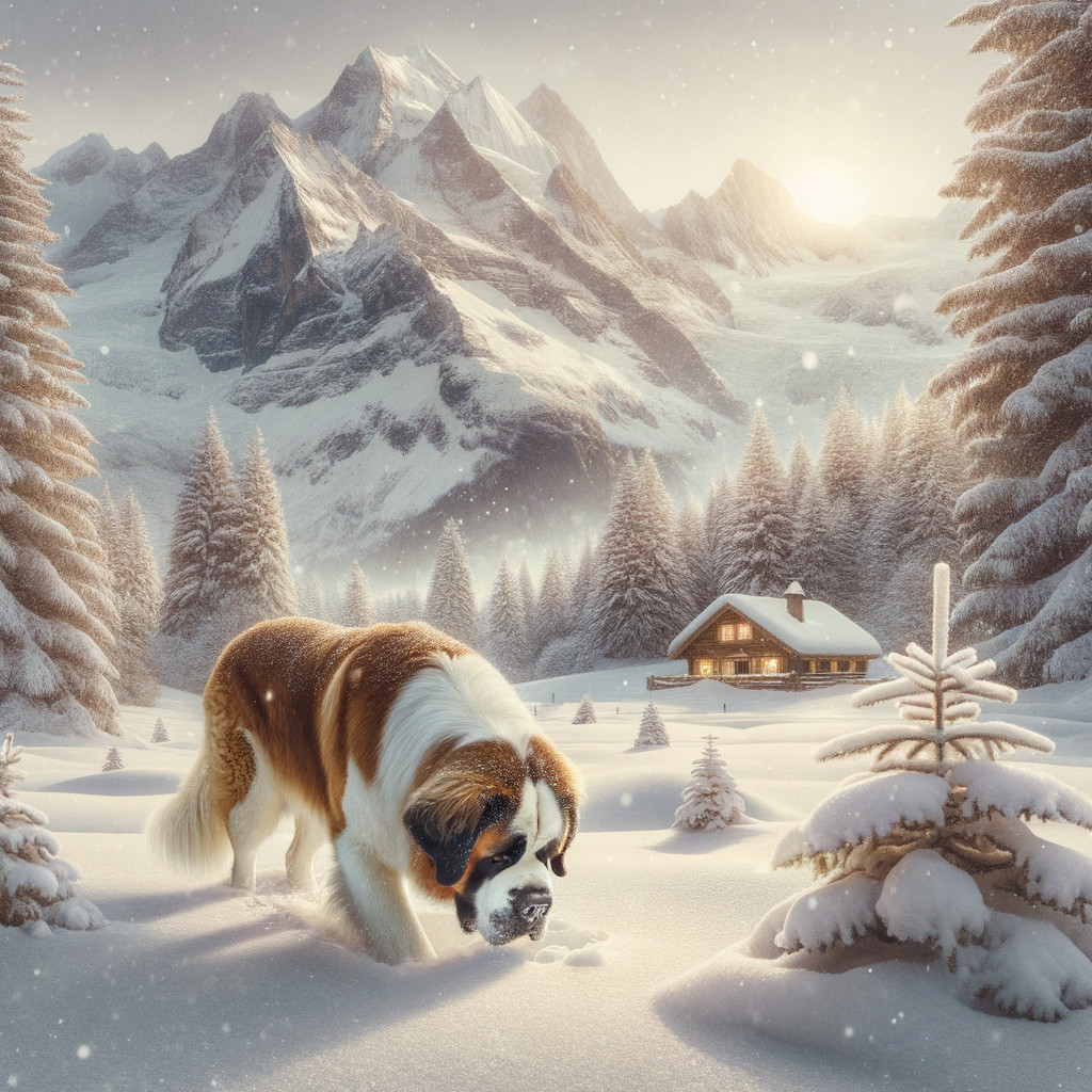 Winter Landscape with Saint Bernard in Snowy Setting