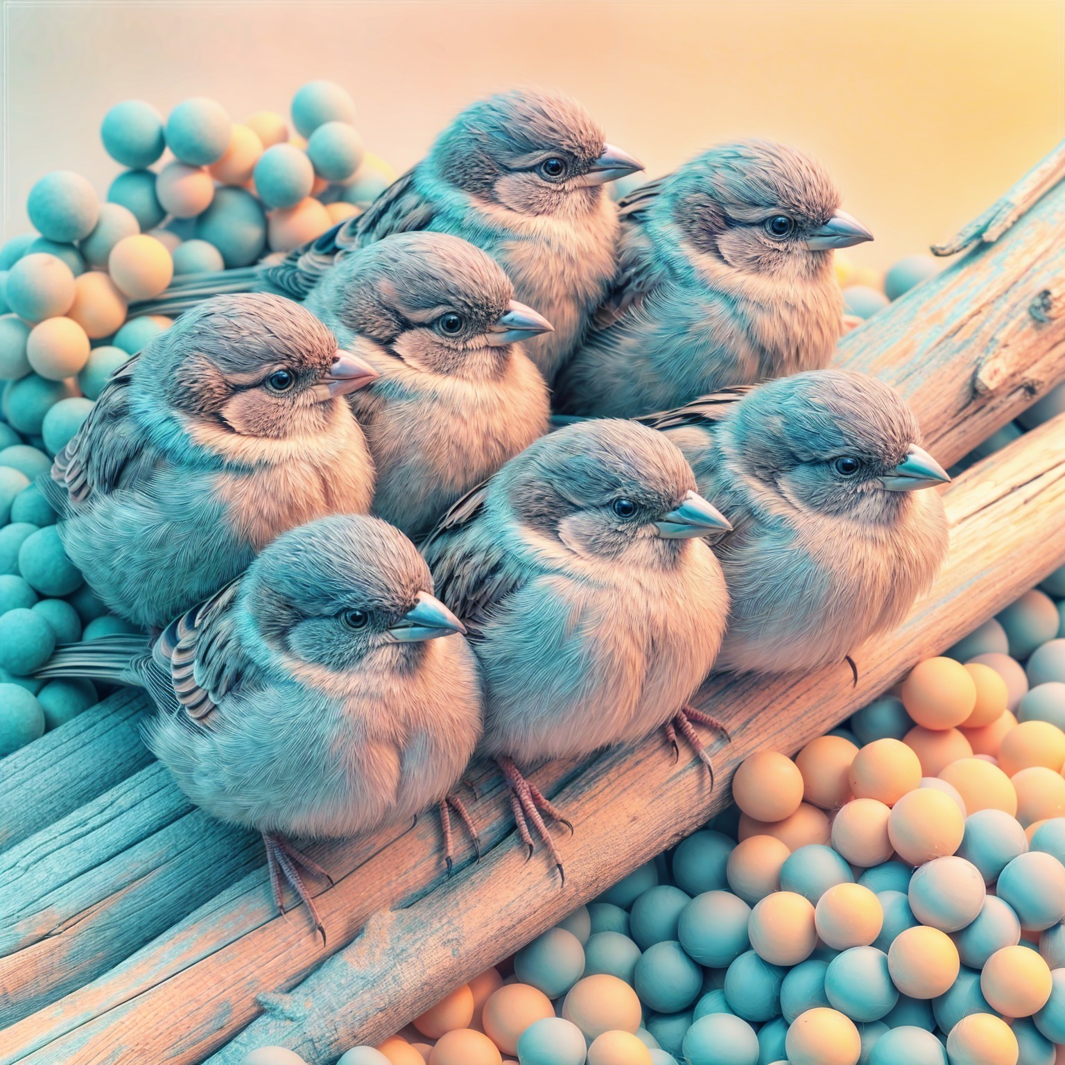 Seven Fluffy Sparrows on a Wooden Branch Scene