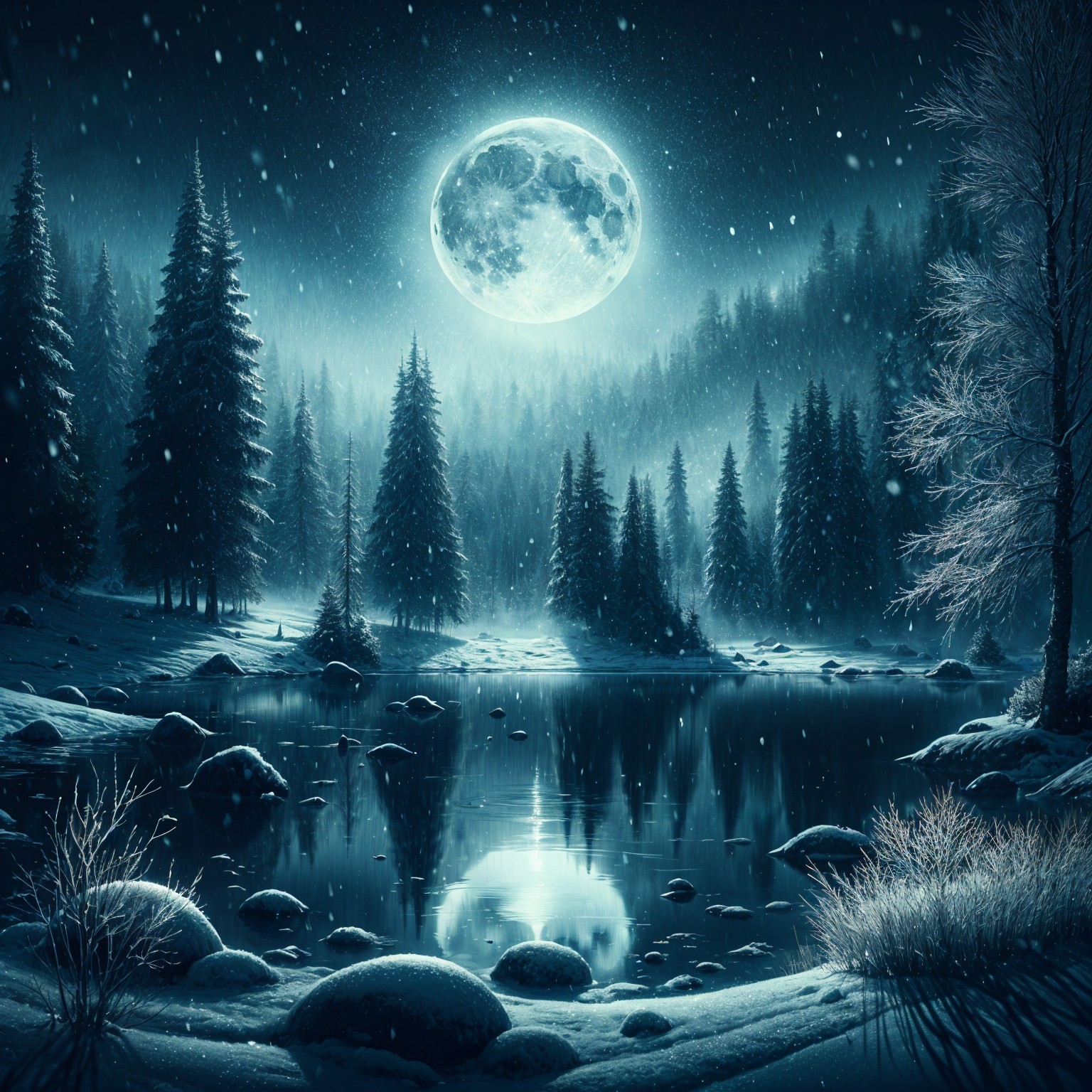 Serene Winter Landscape with Moonlit Lake and Snow