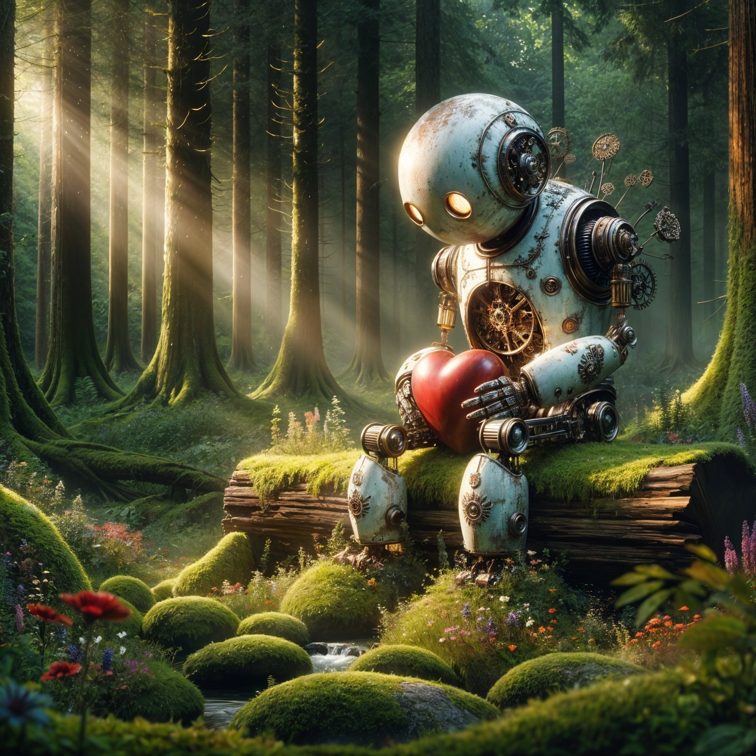 Vintage Robot with Heart in Enchanted Forest Setting
