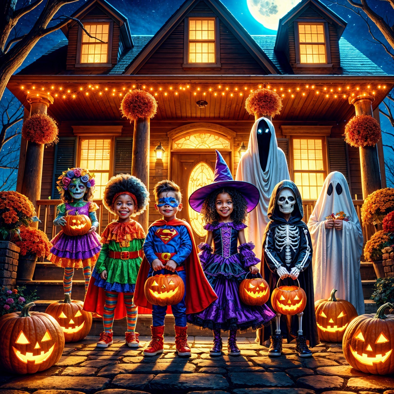 Children in Halloween Costumes by Decorated House