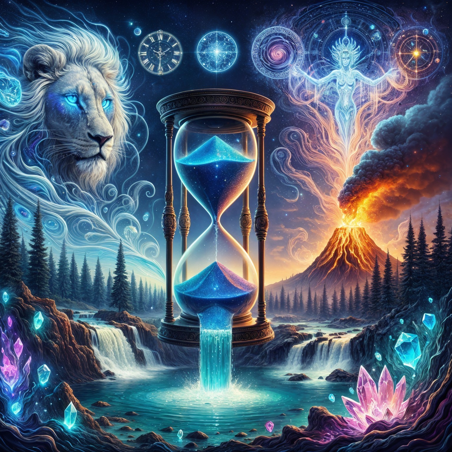 Majestic Lion in Surreal Landscape with Mystical Elements