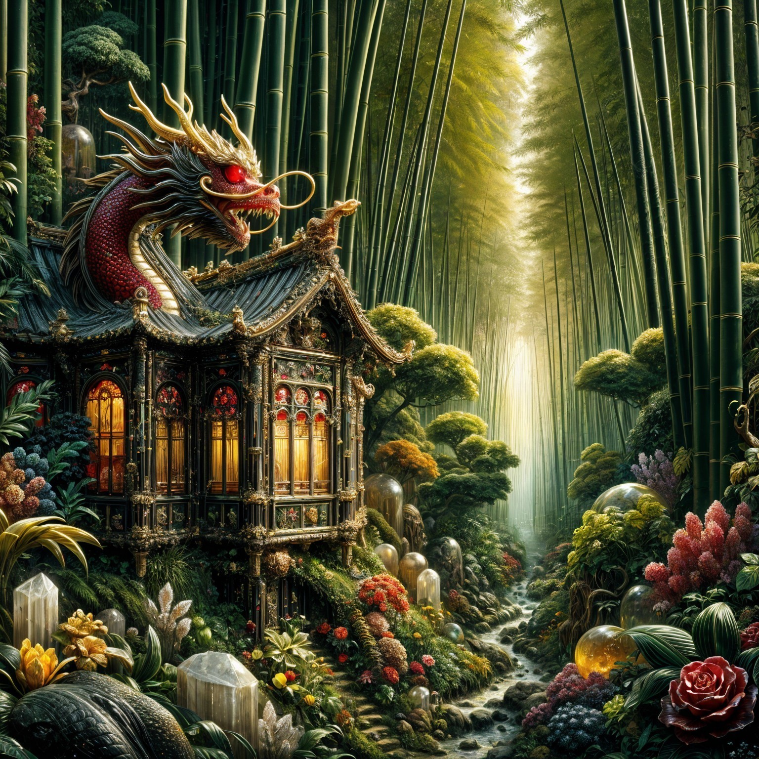 Dragon Overlooking Ornate Pavilion in Bamboo Forest
