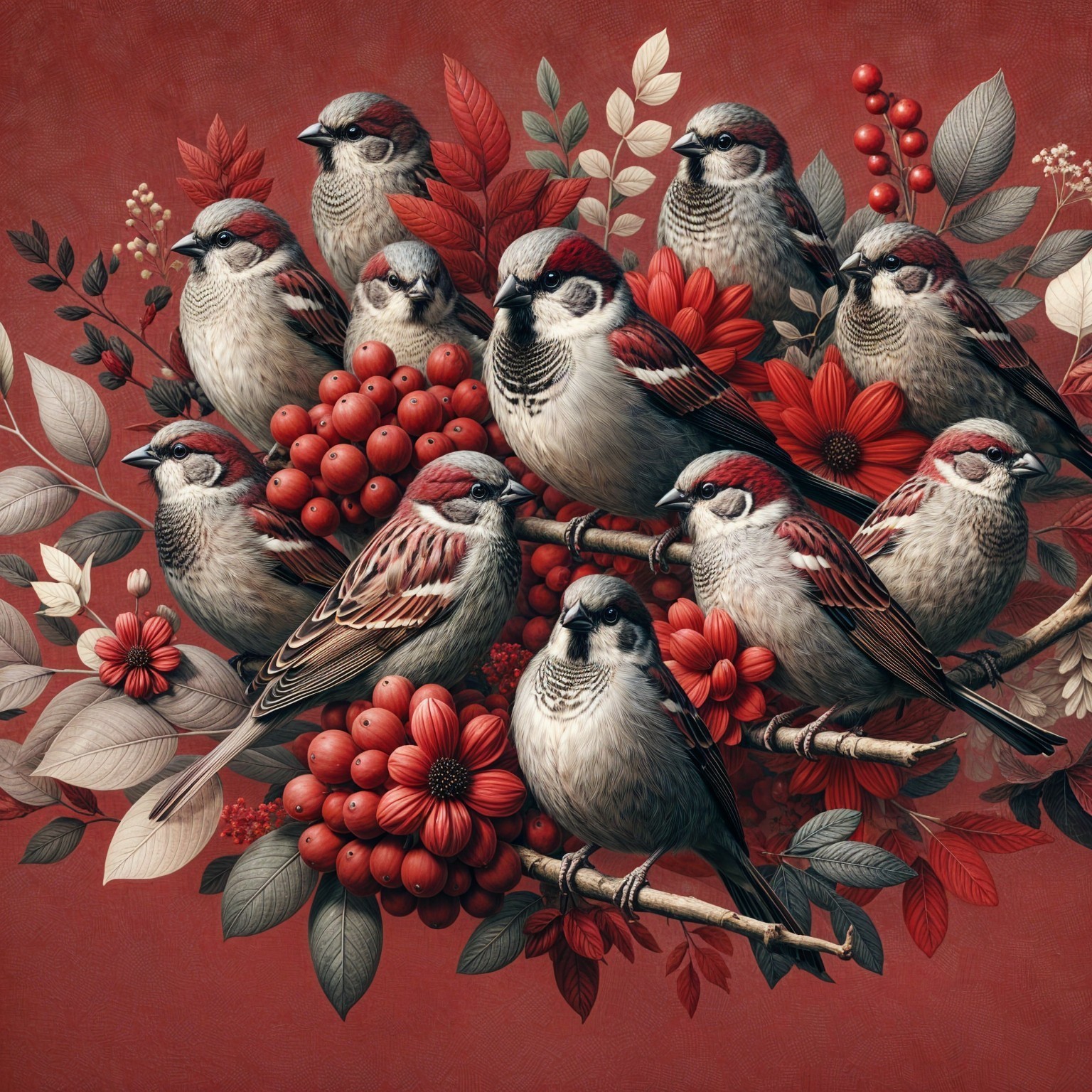 Ten Sparrows Among Rich Red Foliage and Berries
